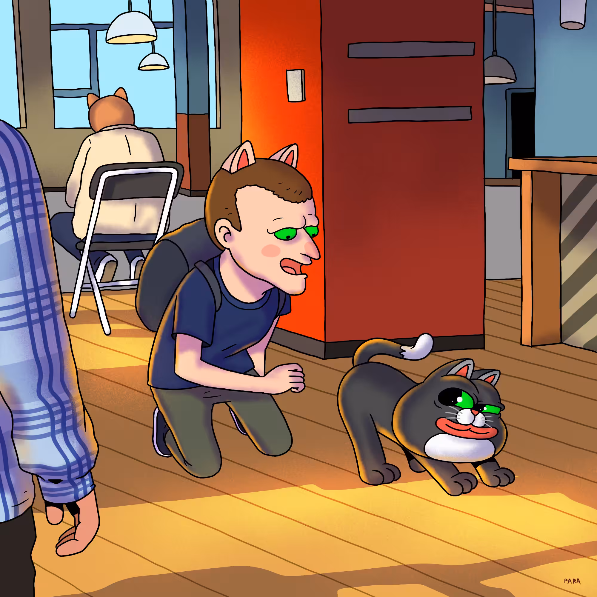 He meows because he likes cats.