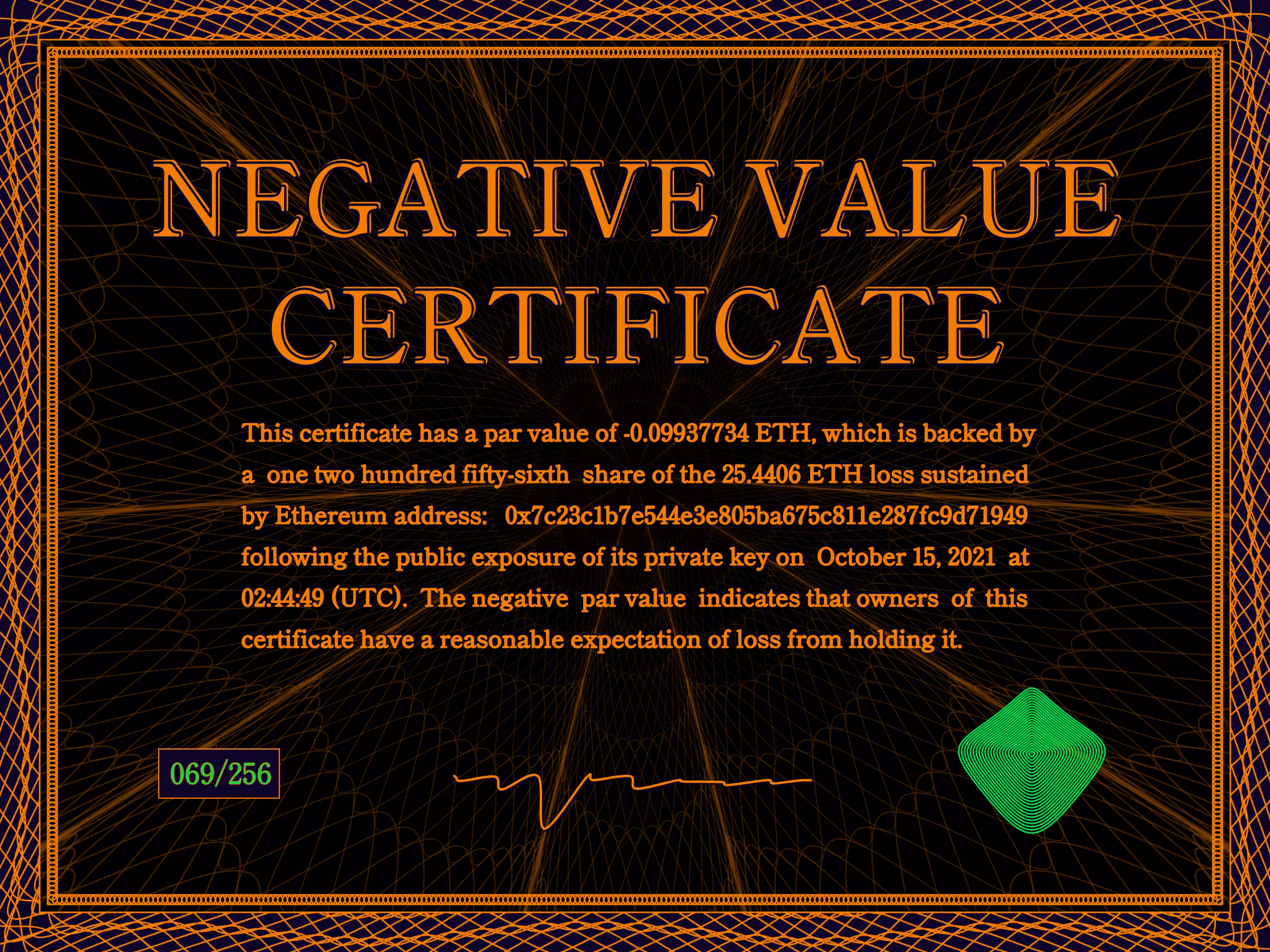 Negative Value Certificate #69 of 256