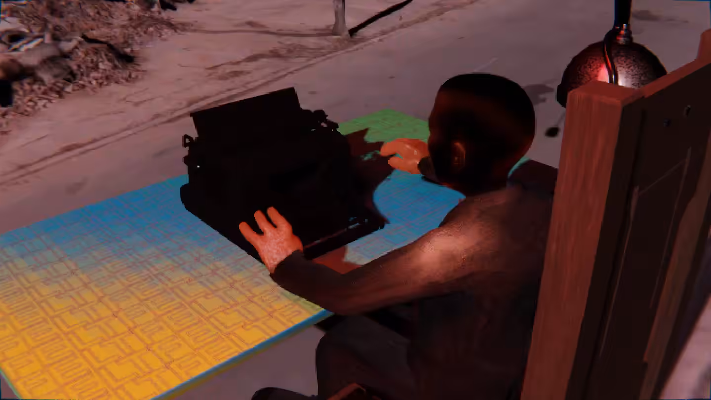 Desktop #257: The Business in the Electric Chair With a Hanging Light and a Typewriter on a Green FELT Zine Table in Conflict