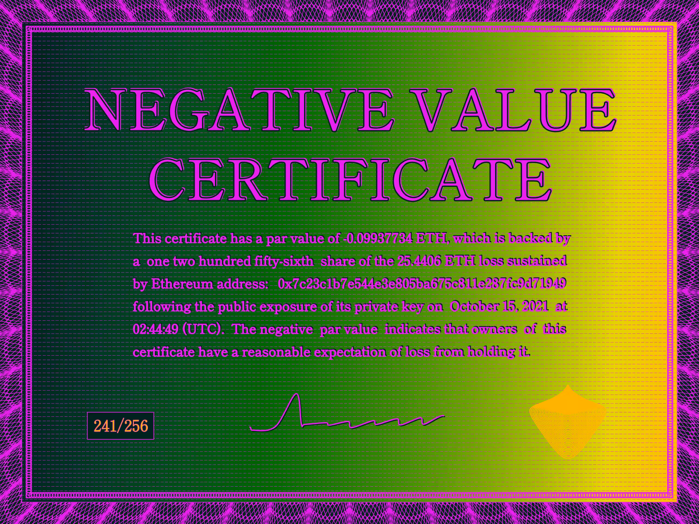 Negative Value Certificate #241 of 256