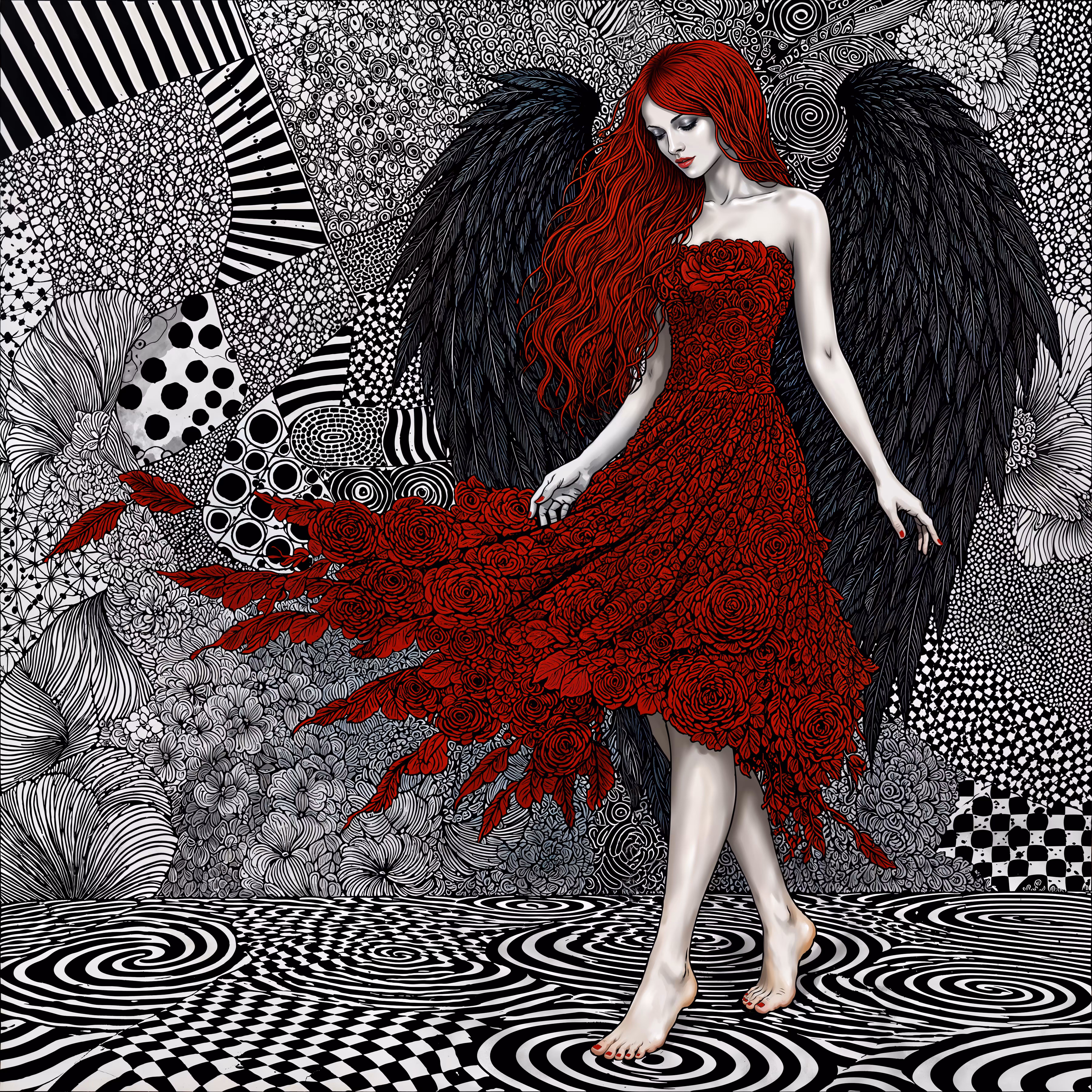 Monochrome Whispers: Crimson Wing