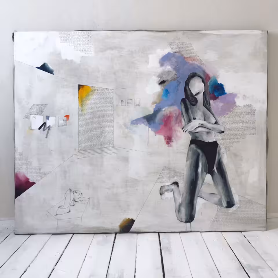 A model at a contemporary art exhibition