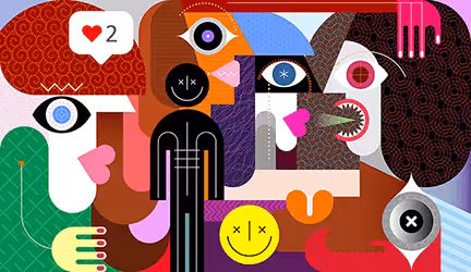 Group of People and Smiling Man Sign vector illustration