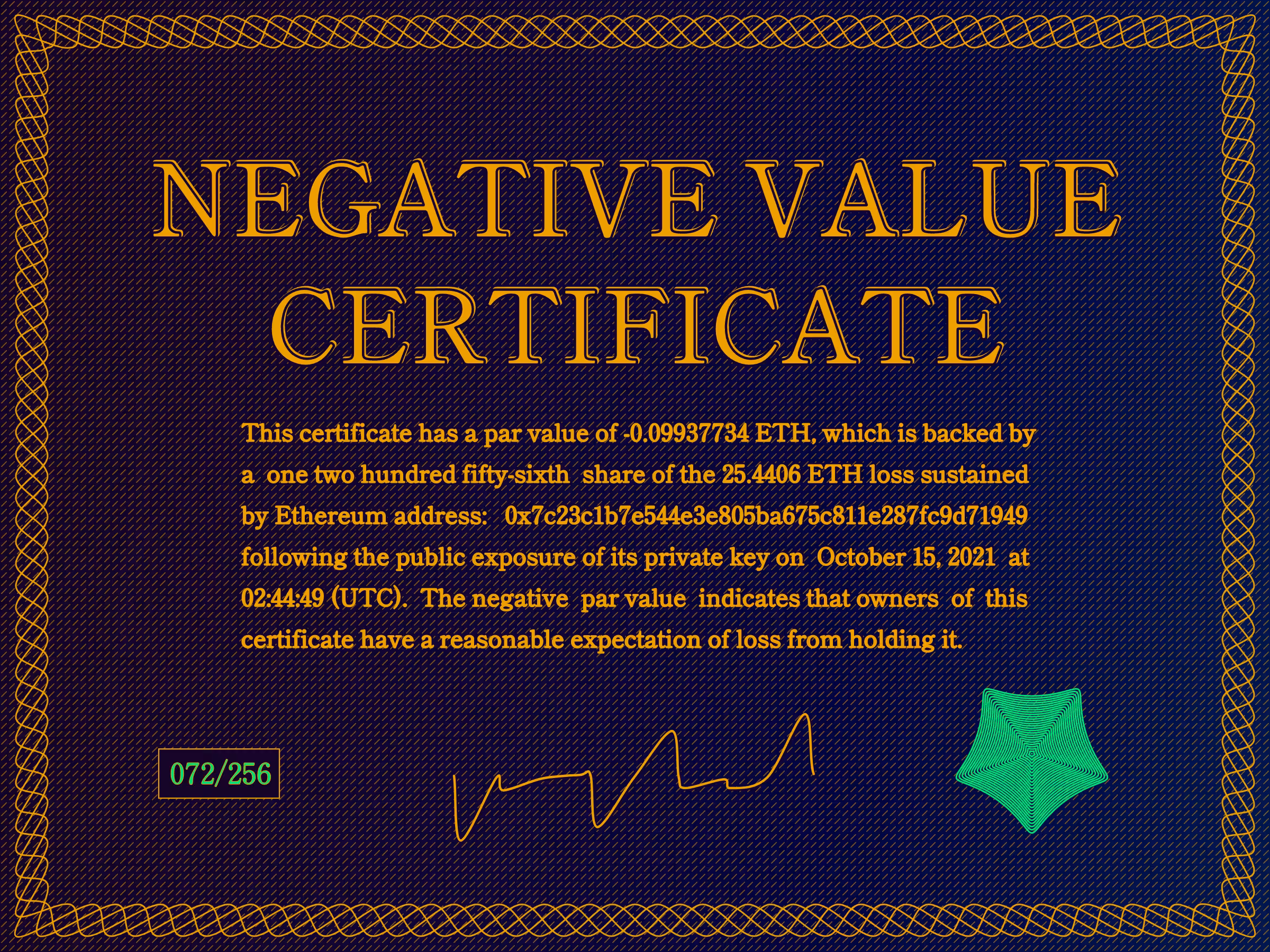 Negative Value Certificate #72 of 256