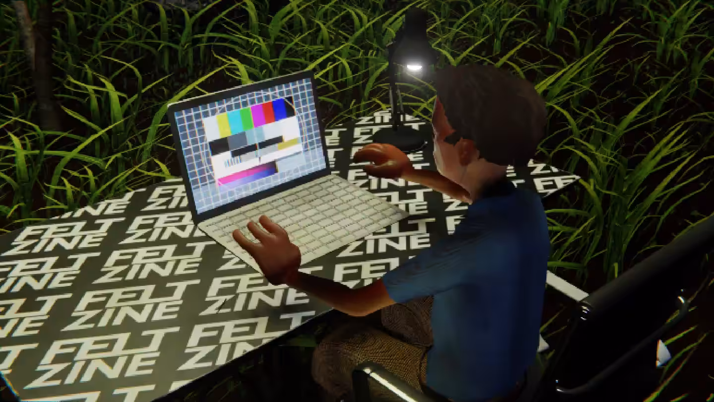 Desktop by Felt Zine: Desktop #113: The Developer in the Black Slim Chair With a Desk Lamp and a Please Stand By Monitor on a Felt Zine Table in The Forest