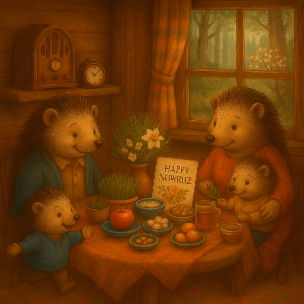 Hedgehog Family Celebrating Nowruz by the Haft-Seen