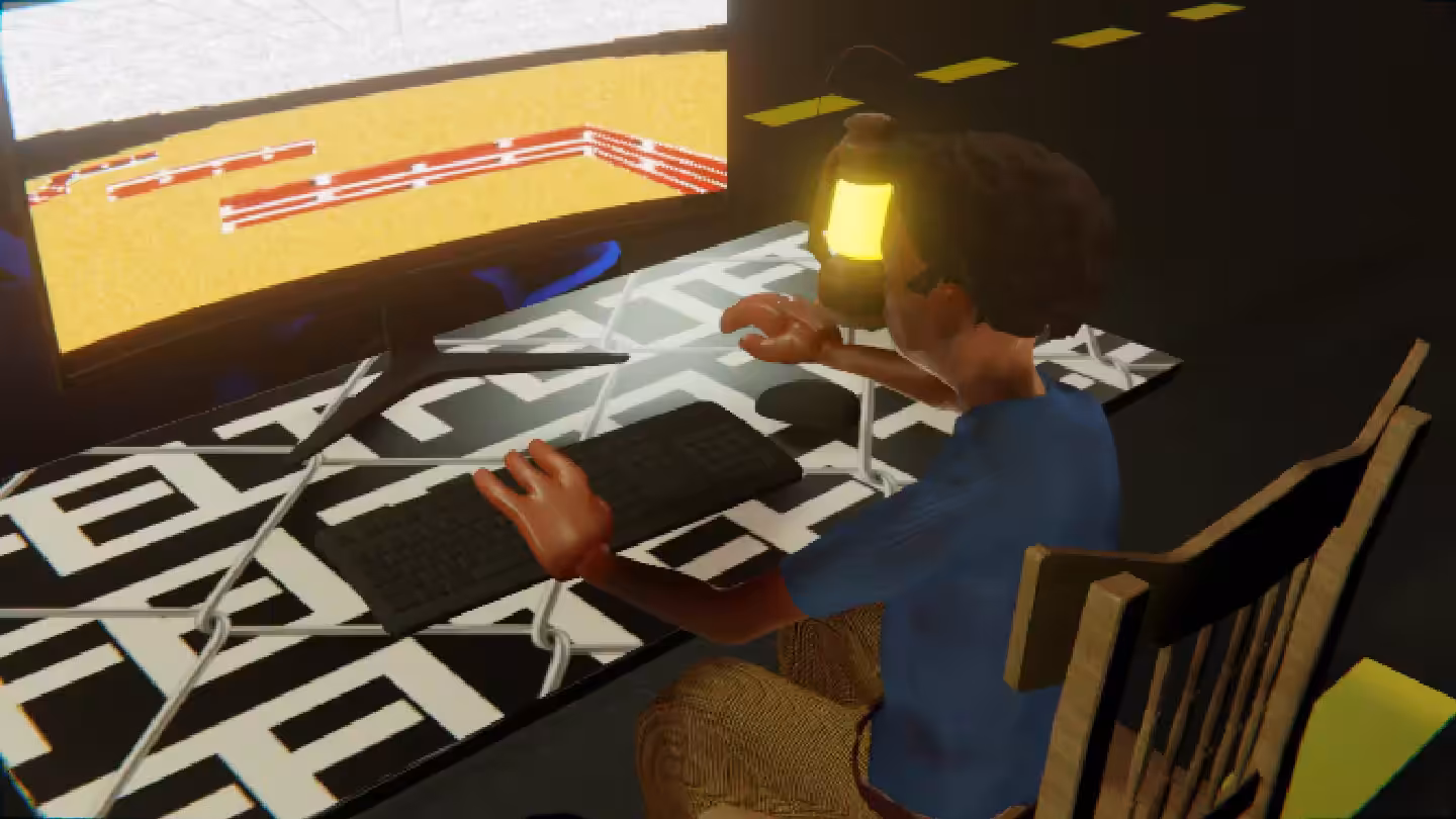 Desktop #299: The Developer in the French Wood Chair With a Gas Lamp and a Maze Monitor on a Barbed Wire Table in The Streets