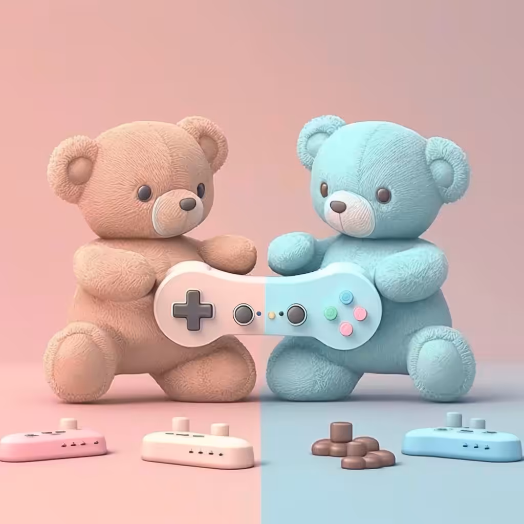 Cute Toy Animals: Two teddy bears playing playstation
