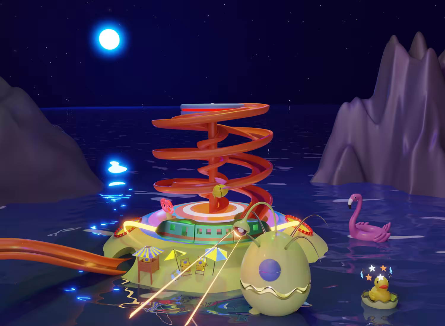 Summer travel VDO #007 of egg monster with slider ,Steampunk Airship ,yellow duck ,seaside ,big prize vending machine concept of colorful light 3d illustration.
