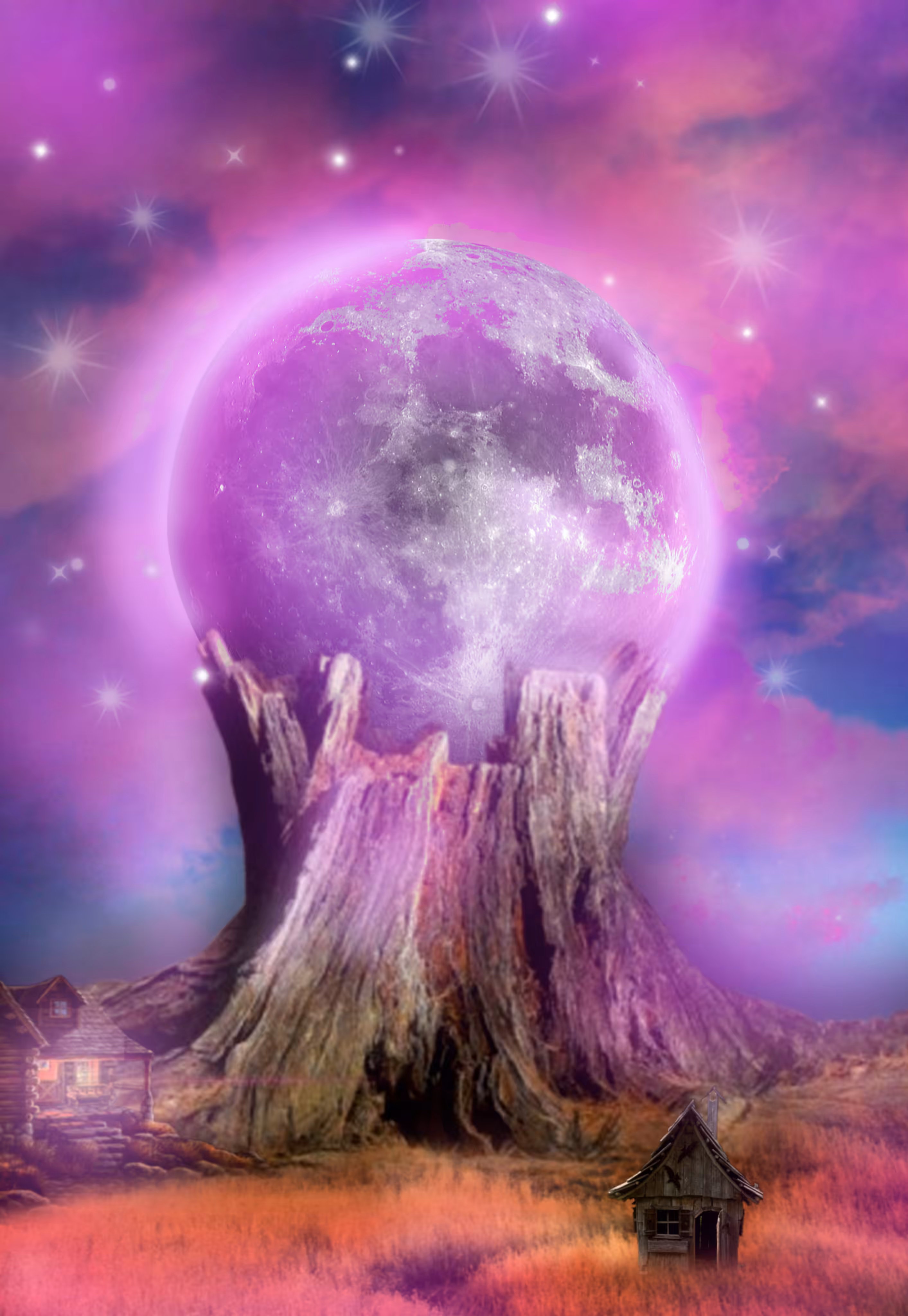 old tree supporting the full moon