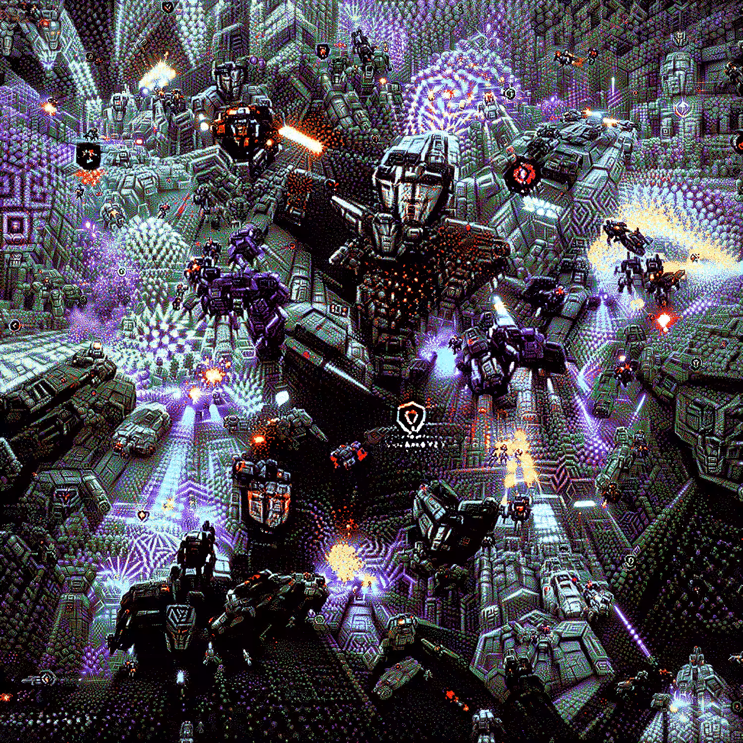 A cybernetic ninja fighting megatron within cybertron, autobots launching a vicious attack on Decepticons in the background