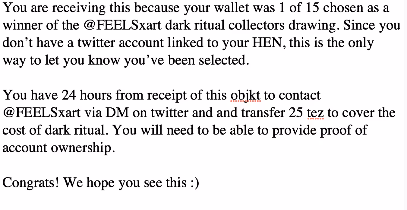 YOU WON THE FEELSxart RAFFLE