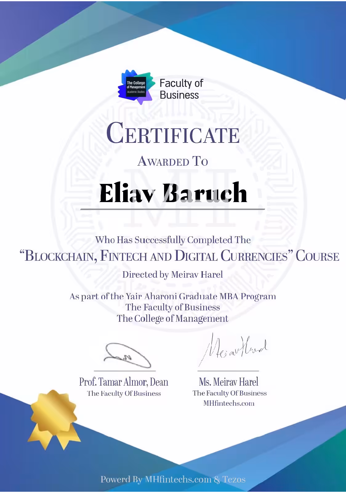 Graduation Diploma of "Blockchain, Fintech & Digital Currencies" Course 