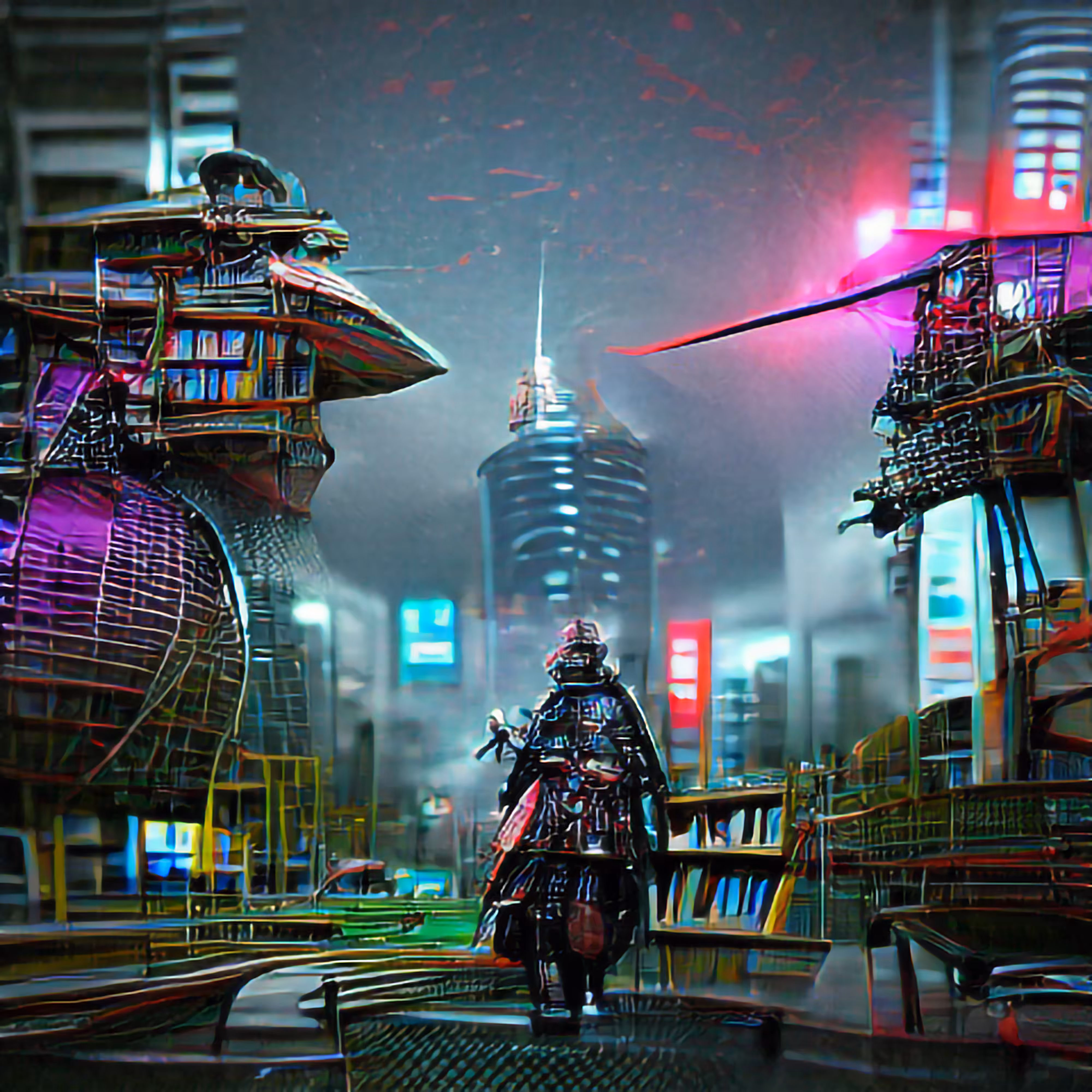 A lonely samurai in a cyberpunk city