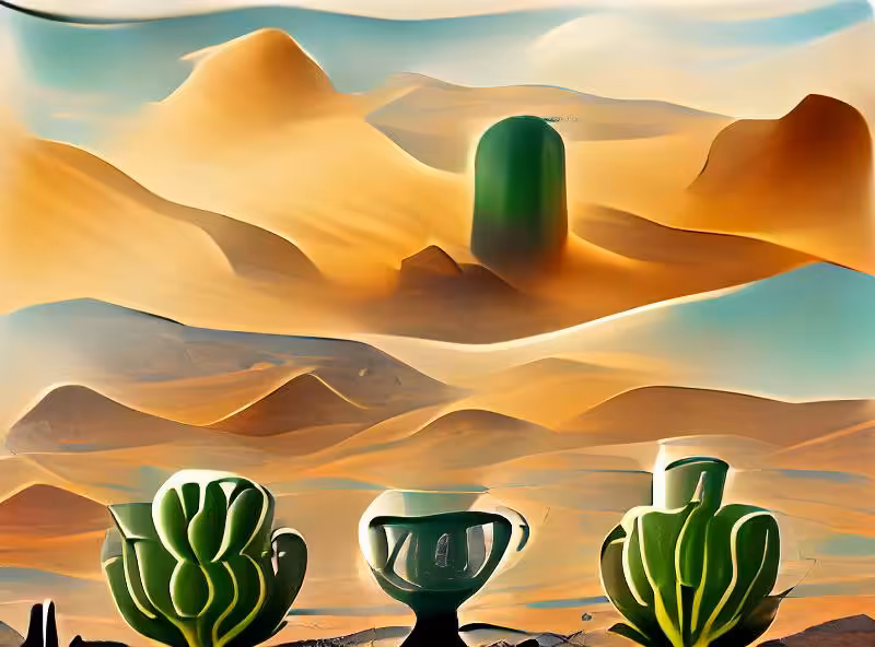 Desert landscape with cacti and vases