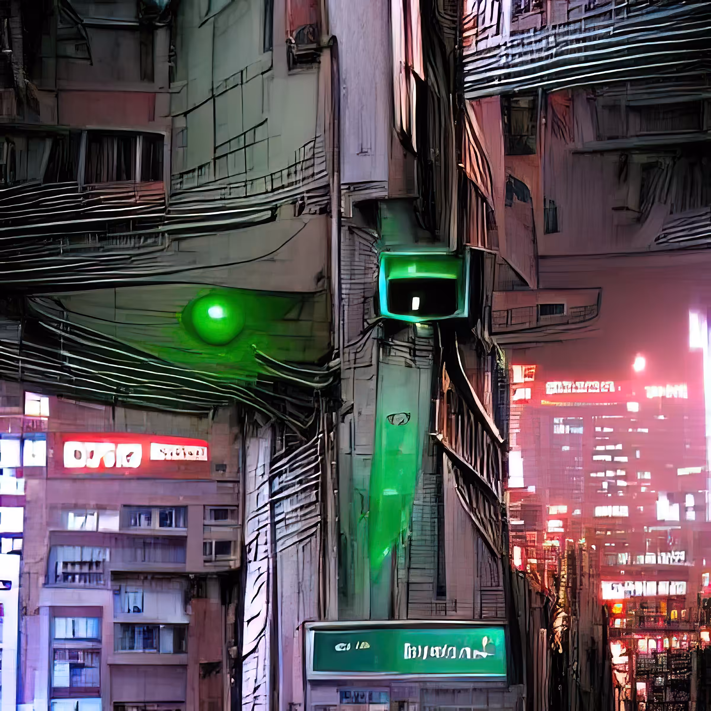 streets of cyberpunk city green light aRm3GNufr7zrMbKVBpKo