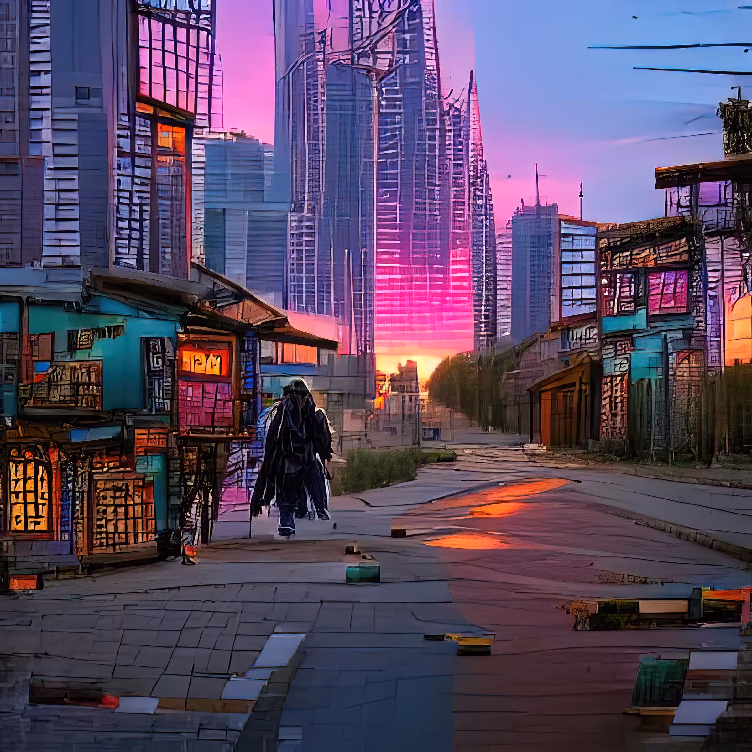 streets of cyberpunk city at sunset 0qTTBKxeFnF388Z8AJUf