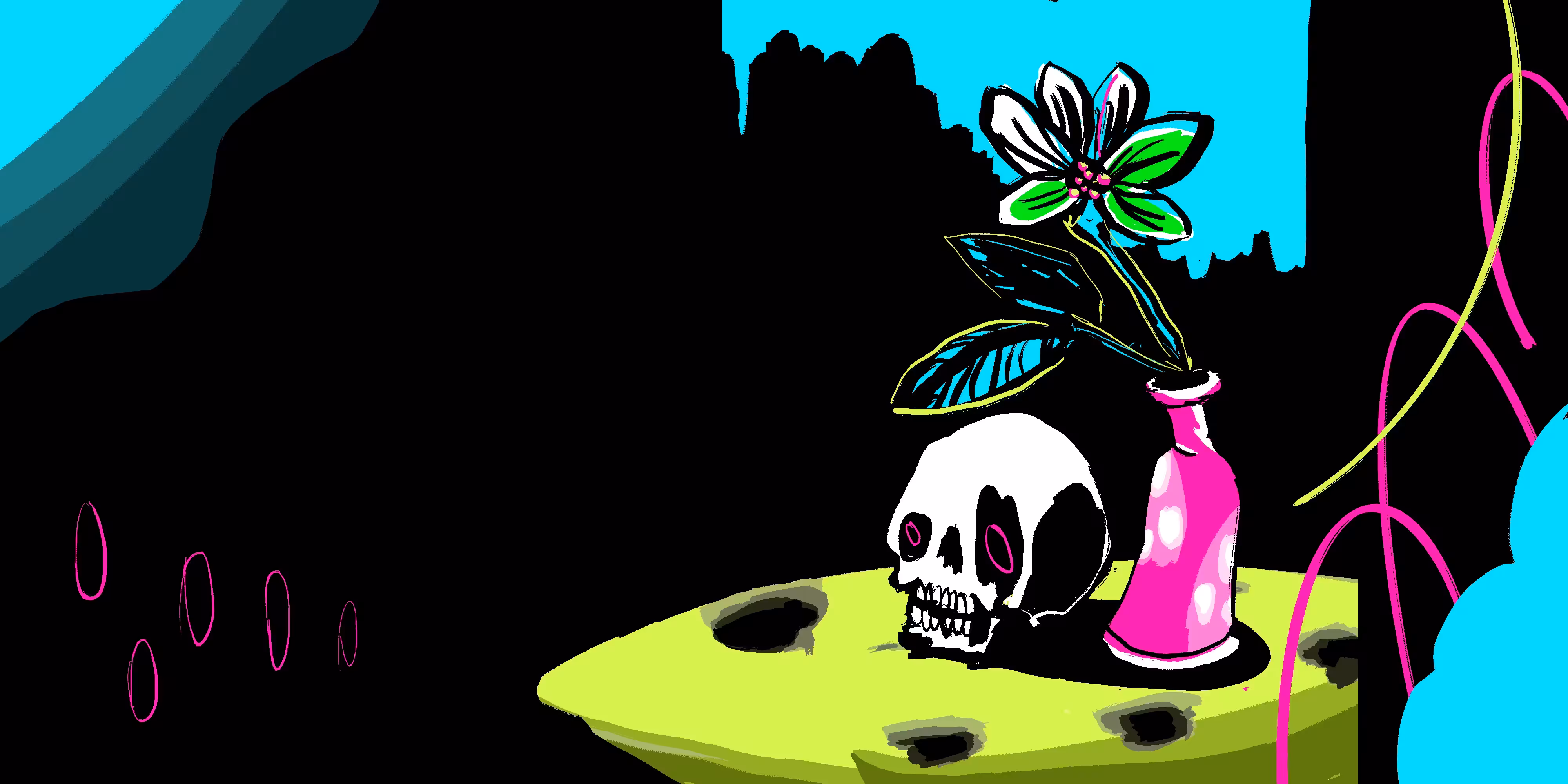 Skull, green flower and blue leaf.