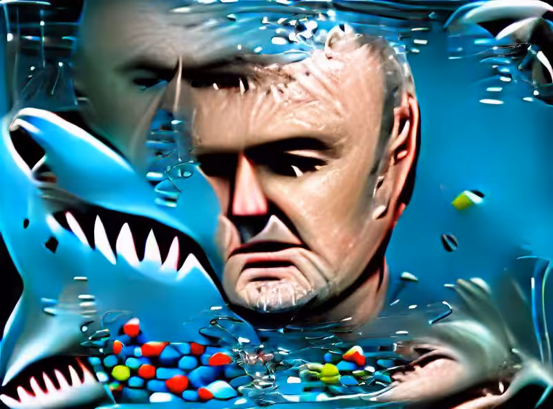 Abraham's First Works: Damien Hirst with a shark in a tank of water