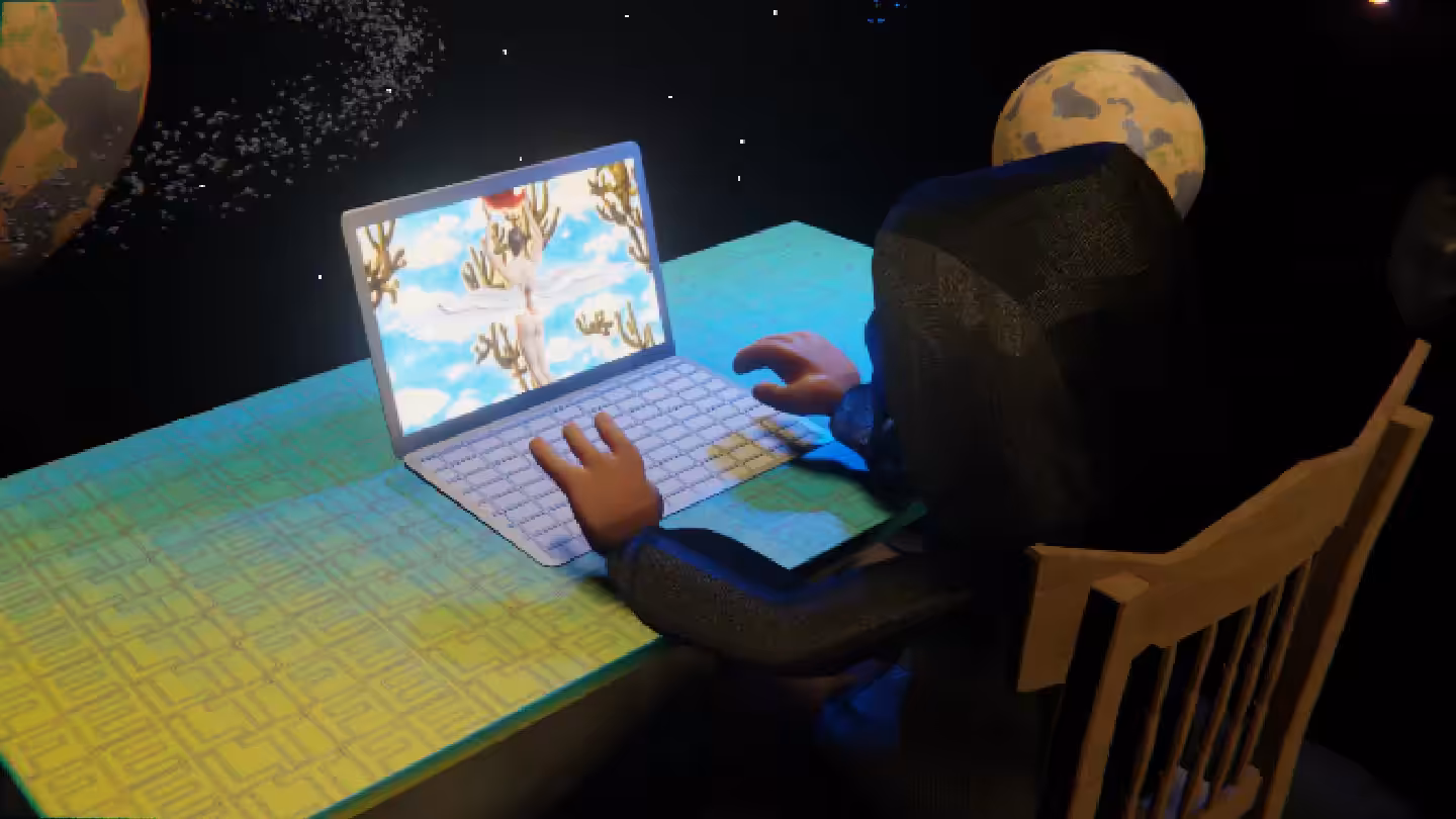 Desktop by Felt Zine: Desktop #218: The Hacker in the French Wood Chair With a Drone and a Gardens Monitor on a Green FELT Zine Table in Space