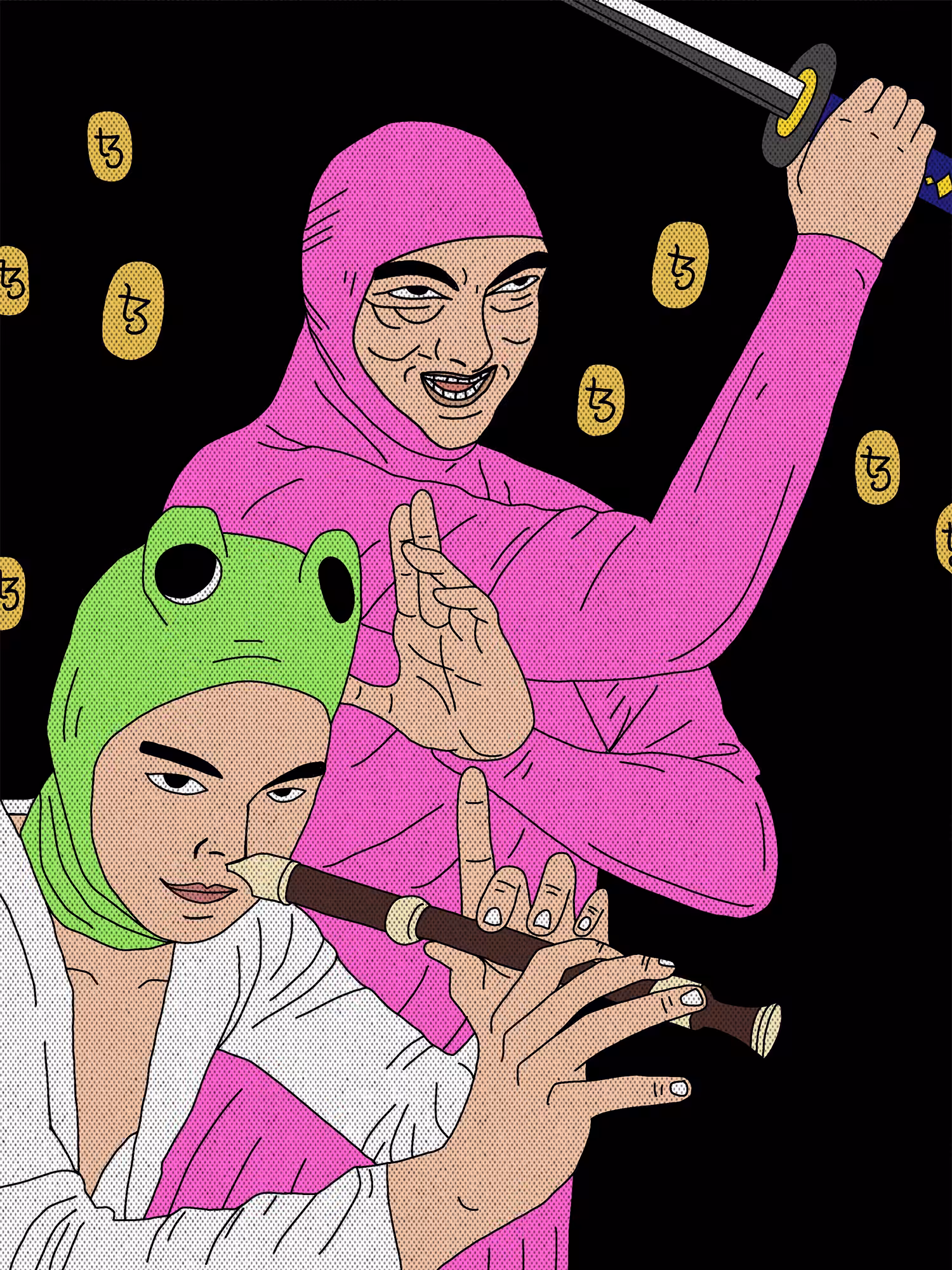 Pink Guy and Salamander Man Adventure in Tezos Realm