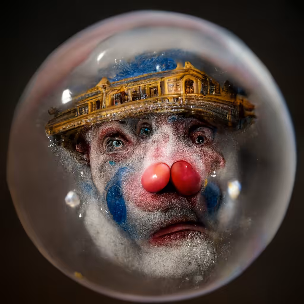 A clown is hunting a bubble inside a porcelain opera house V6