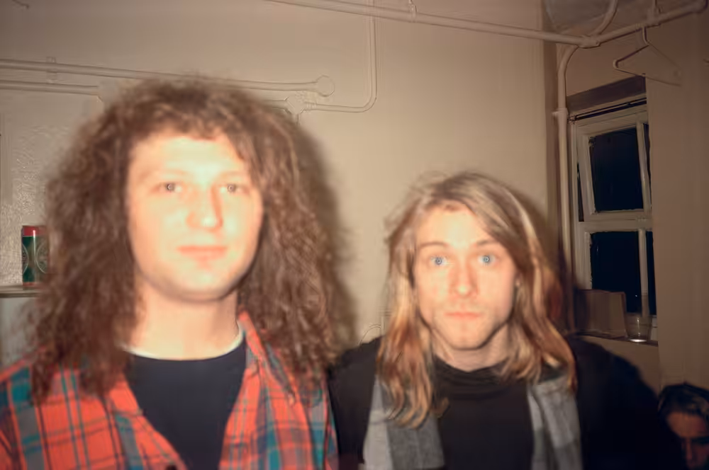 Matt Lukin and Kurt Cobain, backstage at Lamefest UK. Dec 3, 1989