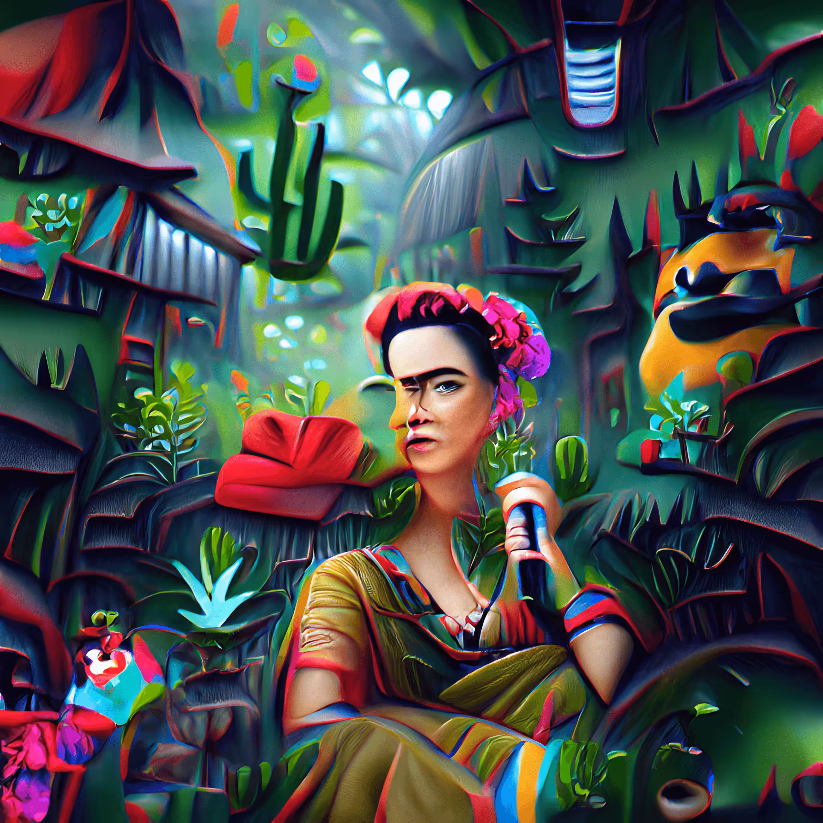 Frida Kahlo in a Mexican Rainforest in the style of Frida Kahlo