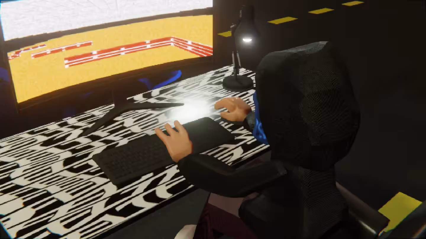 Desktop #223: The Hacker in the Eames Chair With a Desk Lamp and a Maze Monitor on a Pattern Table in The Streets