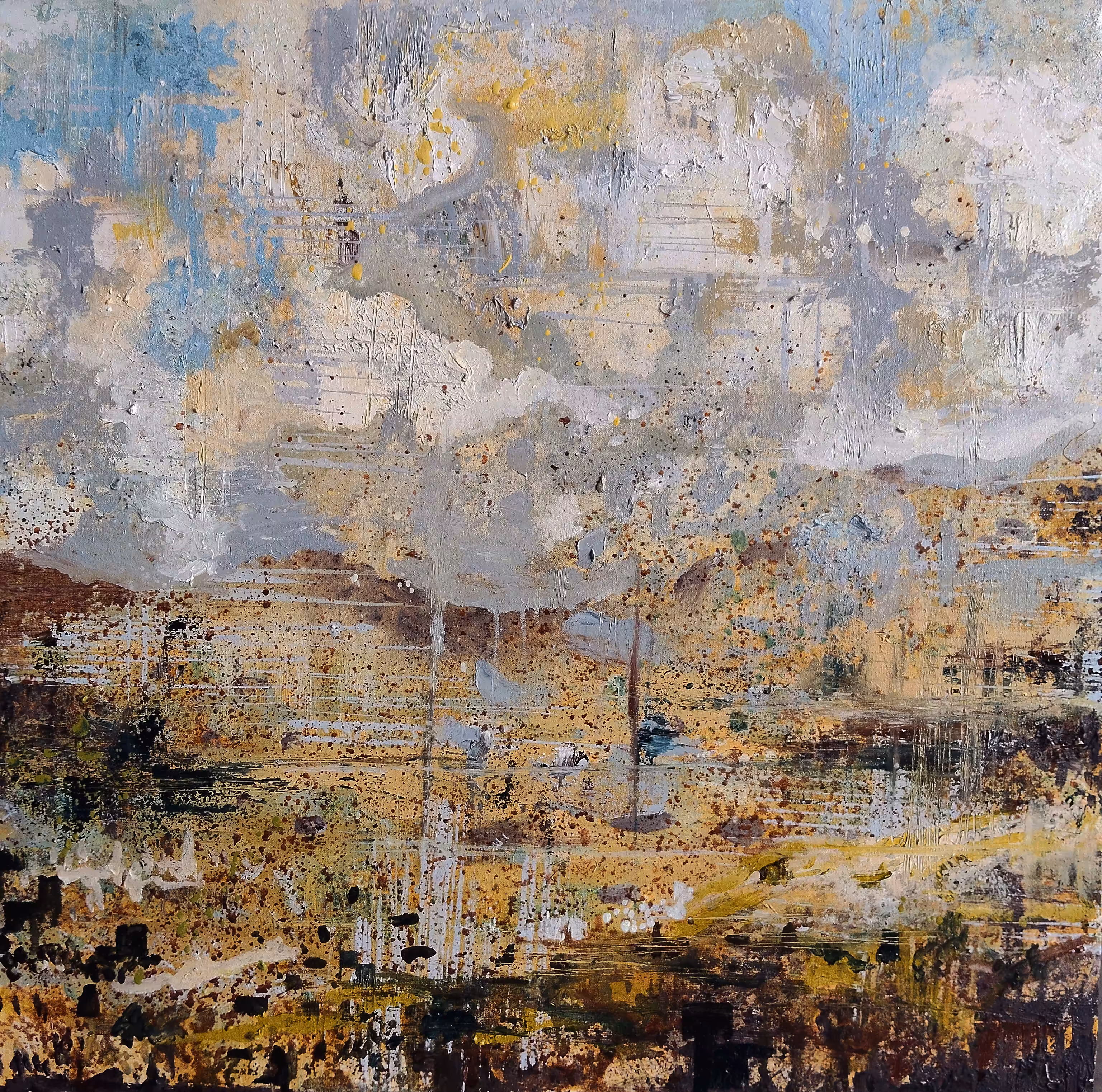 Pictorial composition in earthy beige and brown tones, with gray and white cloud-like areas and a granular, layered texture suggesting a misty abstract landscape