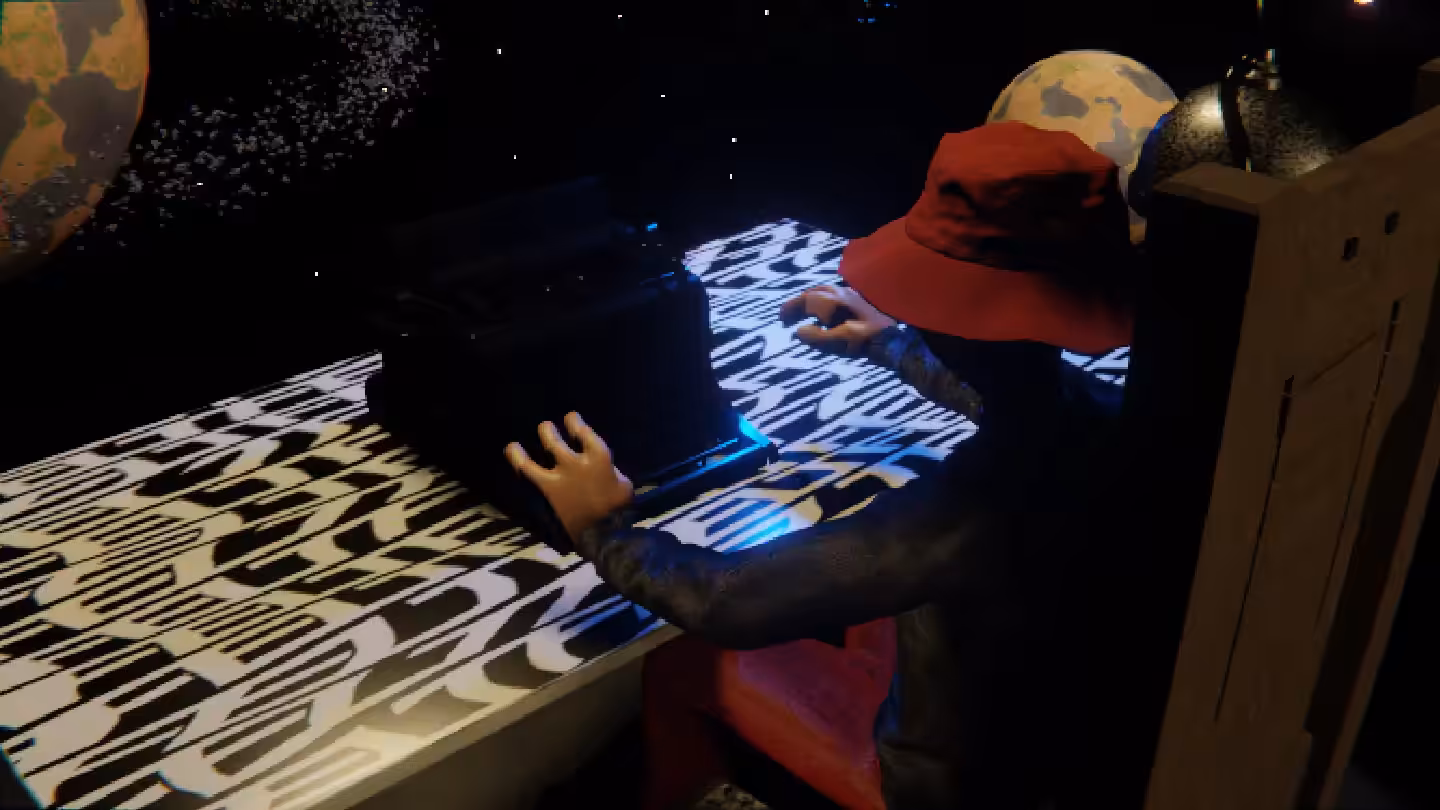 Desktop #89: The Hypebeast in the Electric Chair With a Drone and a Typewriter on a Pattern Table in Space