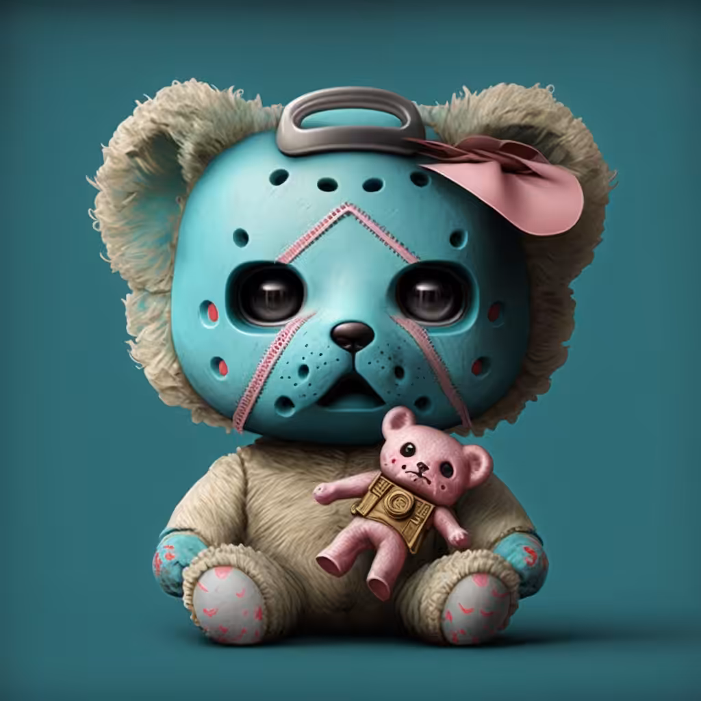 A teddy bear in a Jason Mask