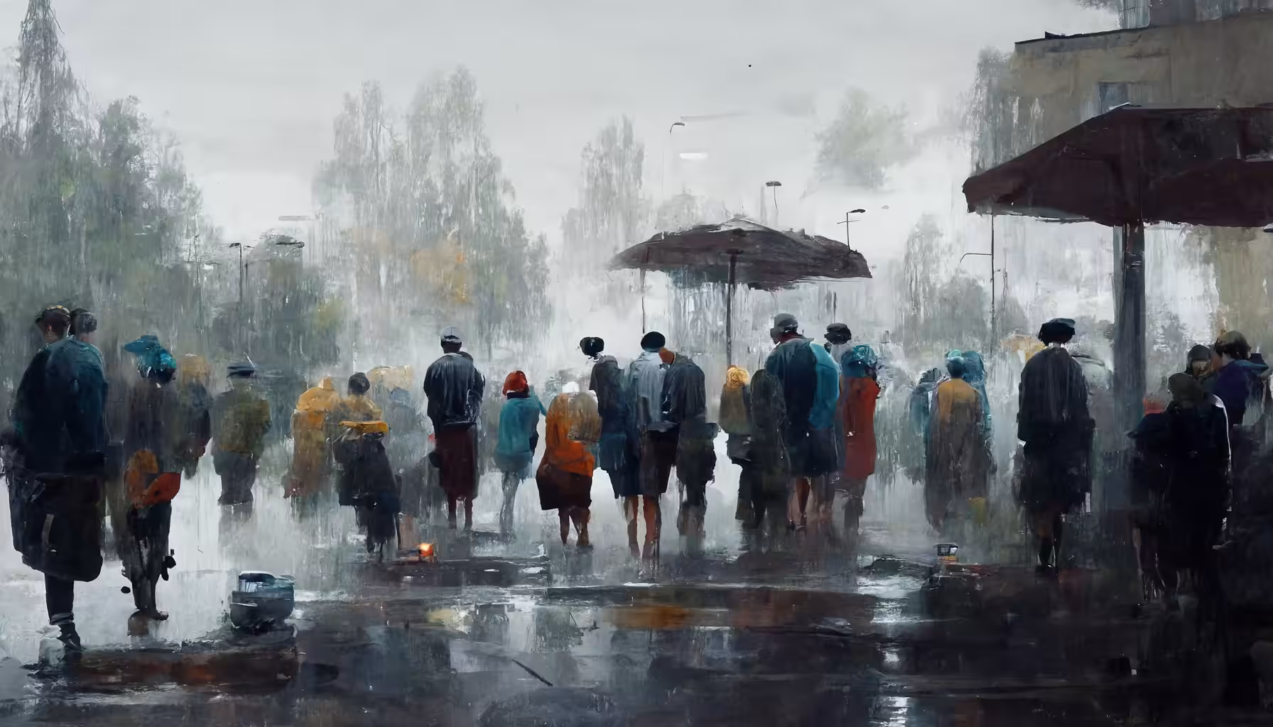 Painting of Lots of People on a Rainy Day