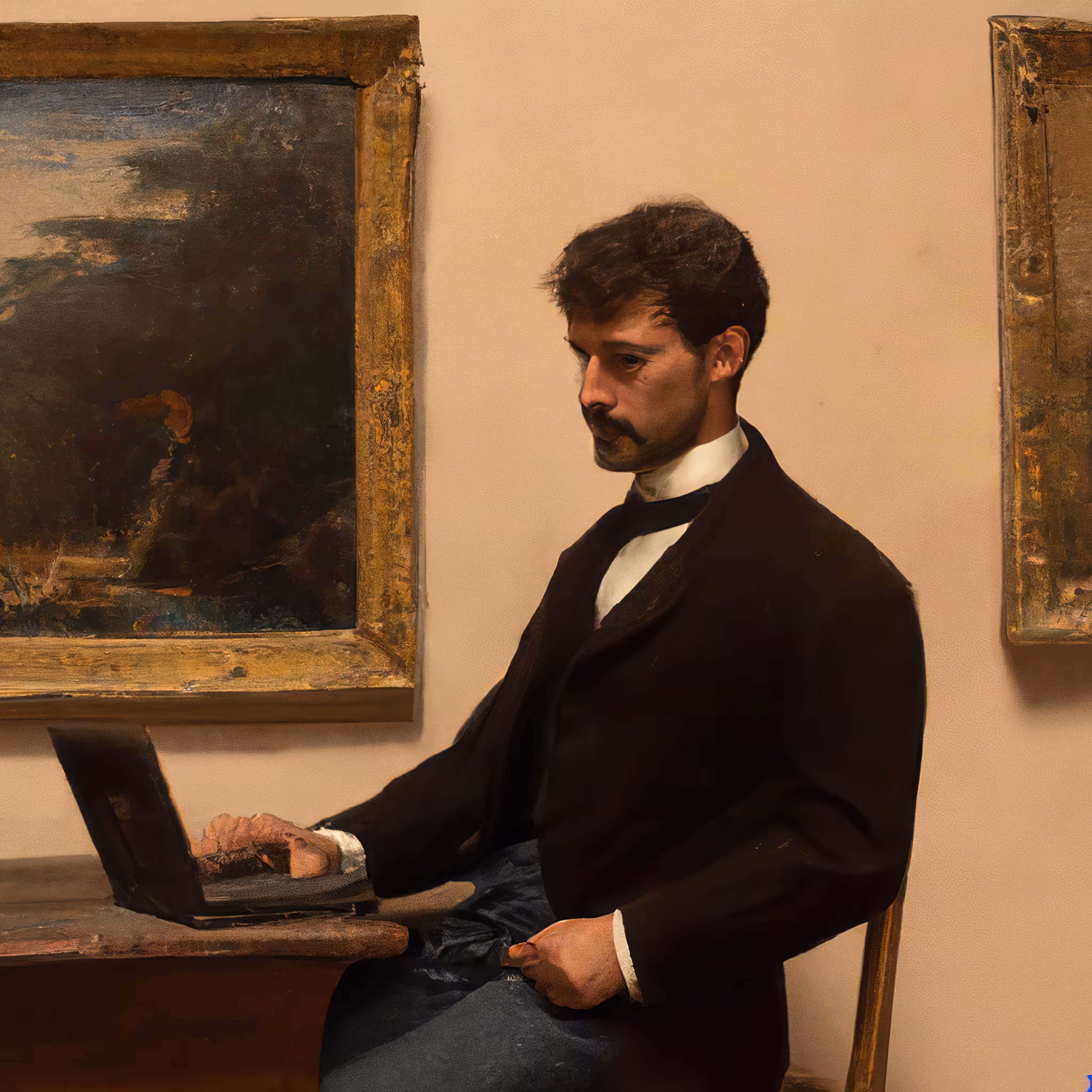 The Gallery Copyist; or, 19th Century American Impressionist Oil Painting Depicting a Person Sitting at a Desk in a Beautiful Museum Exhibition Gallery, Using a Laptop