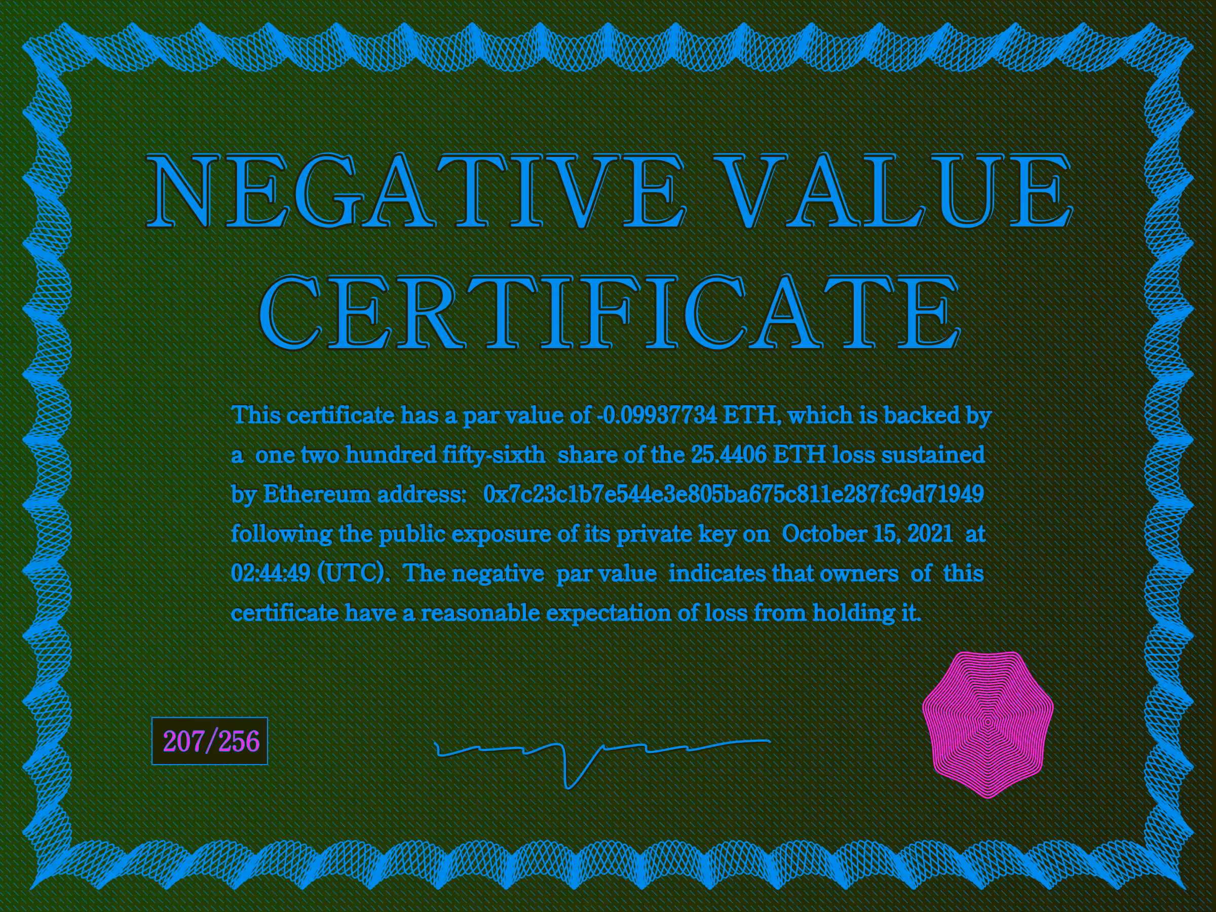 Negative Value Certificate #207 of 256