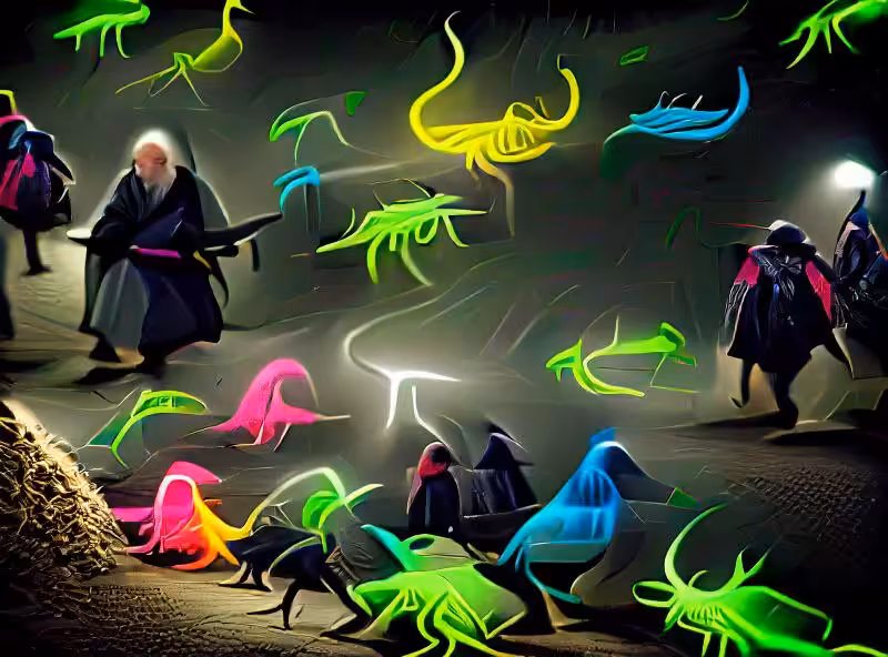 Abraham's First Works: A flock of wizards hunts for fluorescent scorpions
