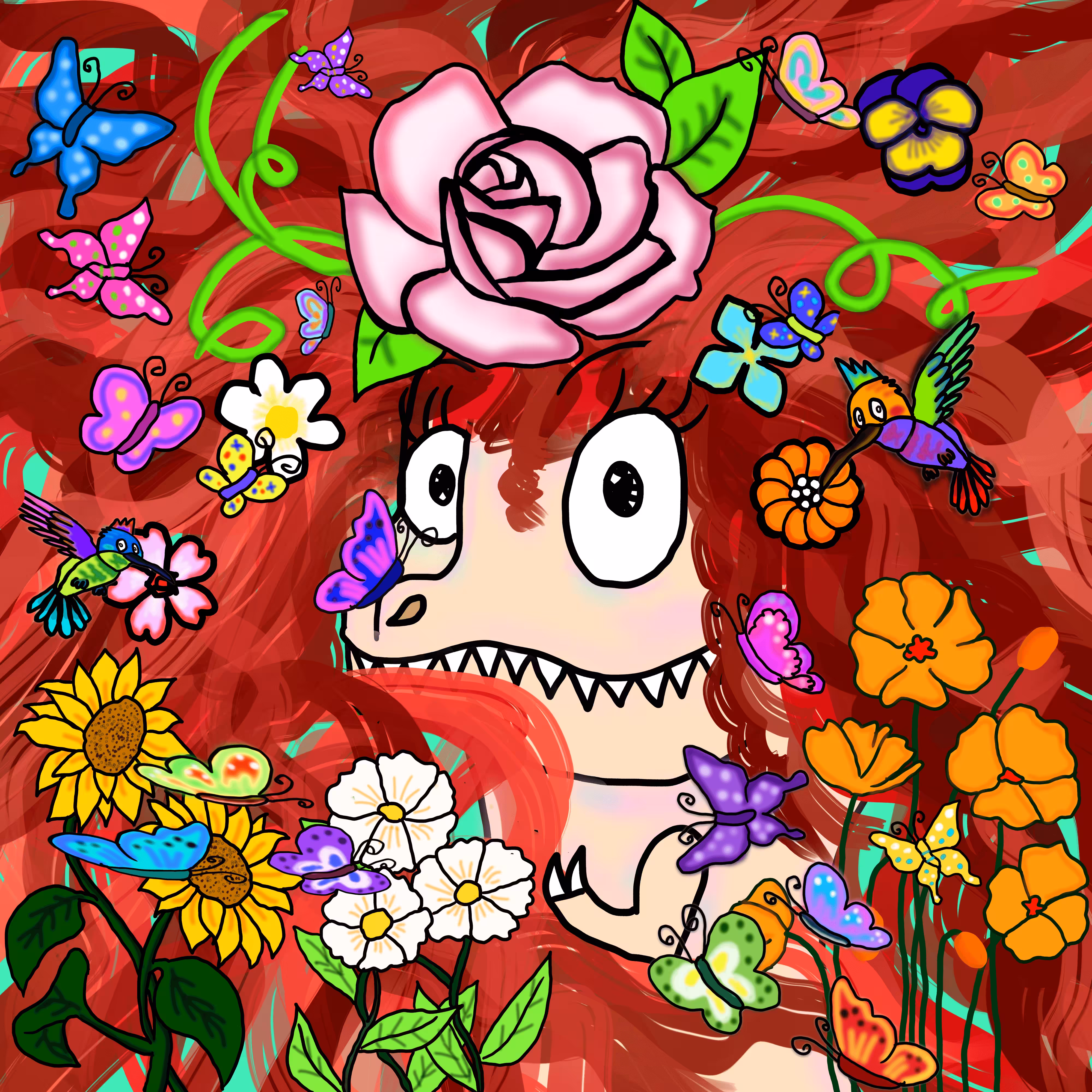 Trex and flowers with the tiny friends