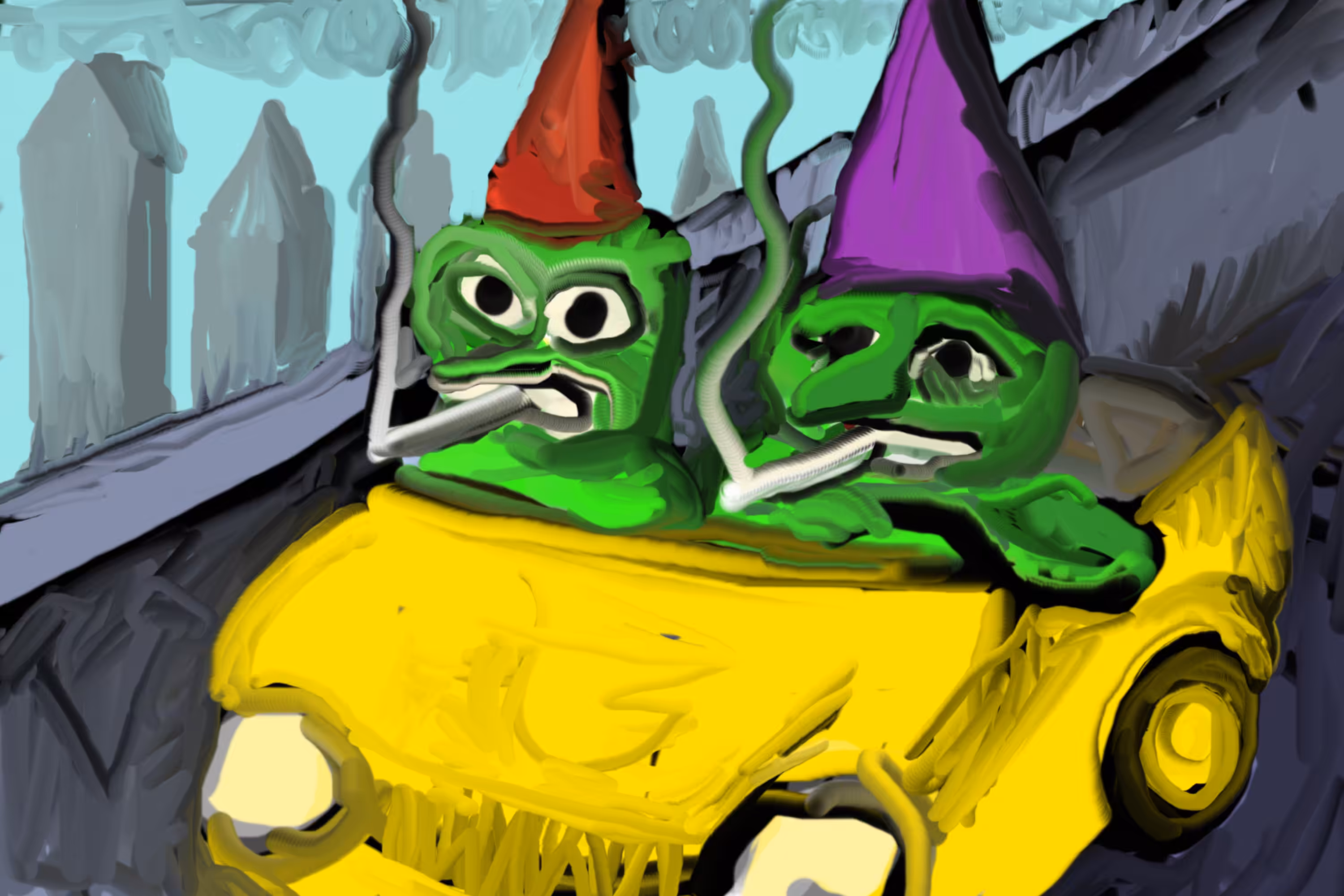 Two idiots driving in a stupid car.