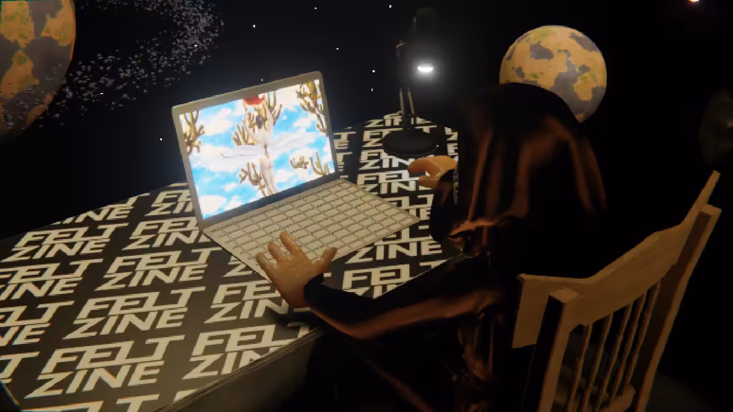 Desktop #303: The Guru in the French Wood Chair With a Desk Lamp and a Gardens Monitor on a Felt Zine Table in Space