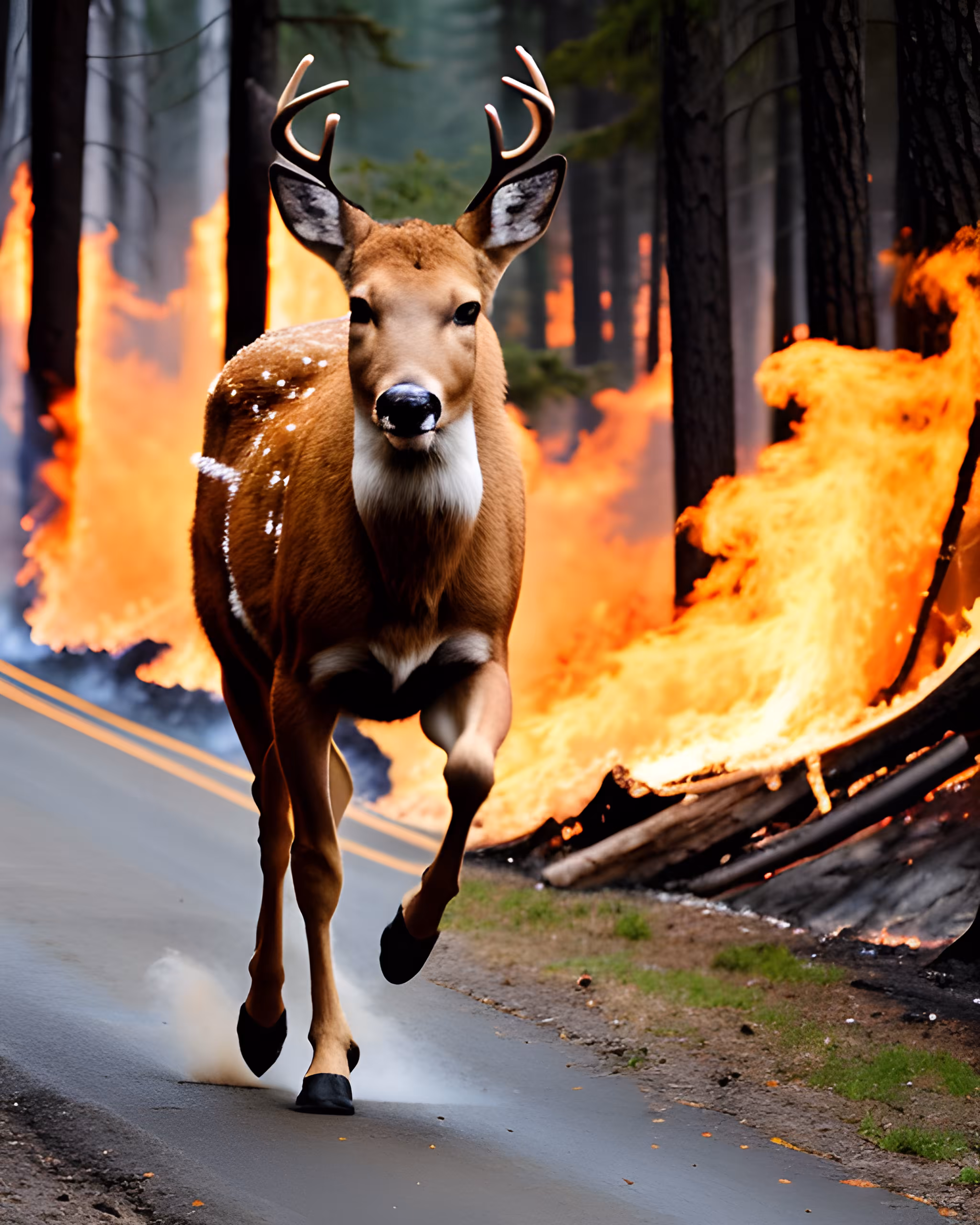 Deer escaping from wildfire 