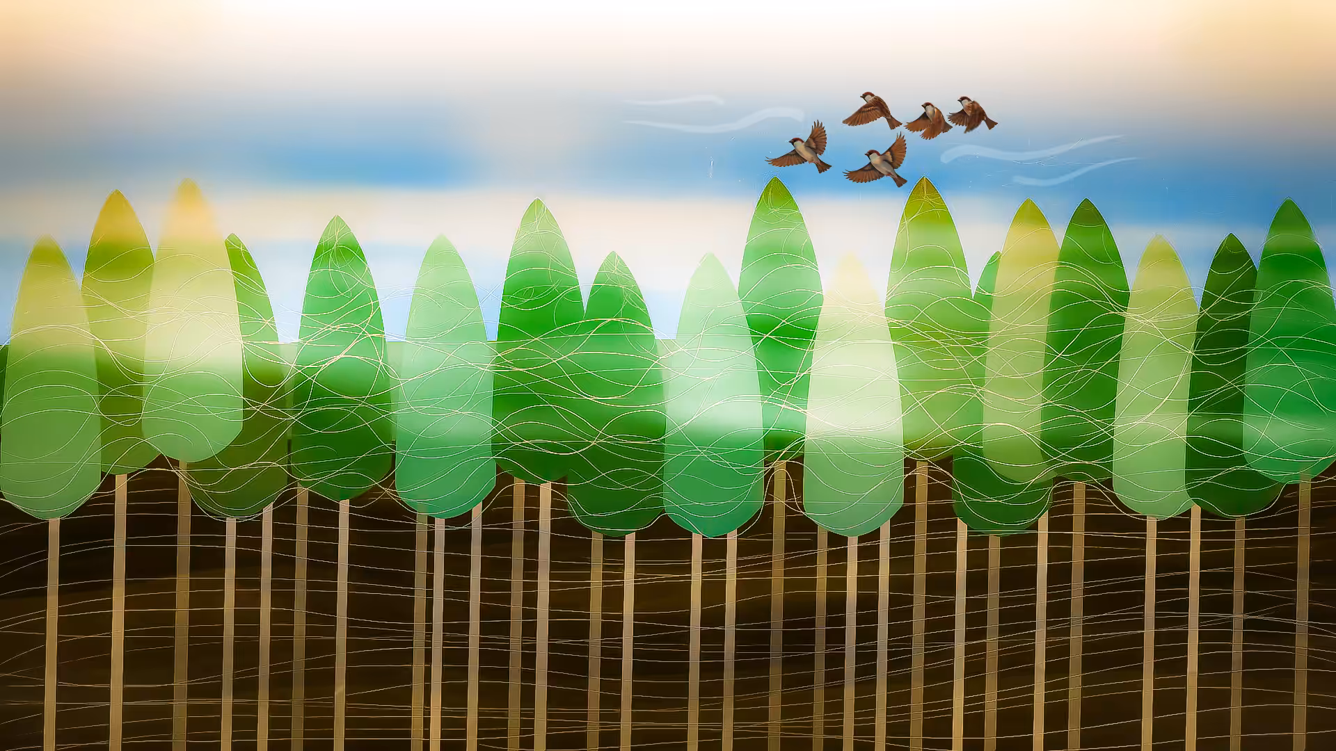 Sparrows Flying in the Cypress Grove