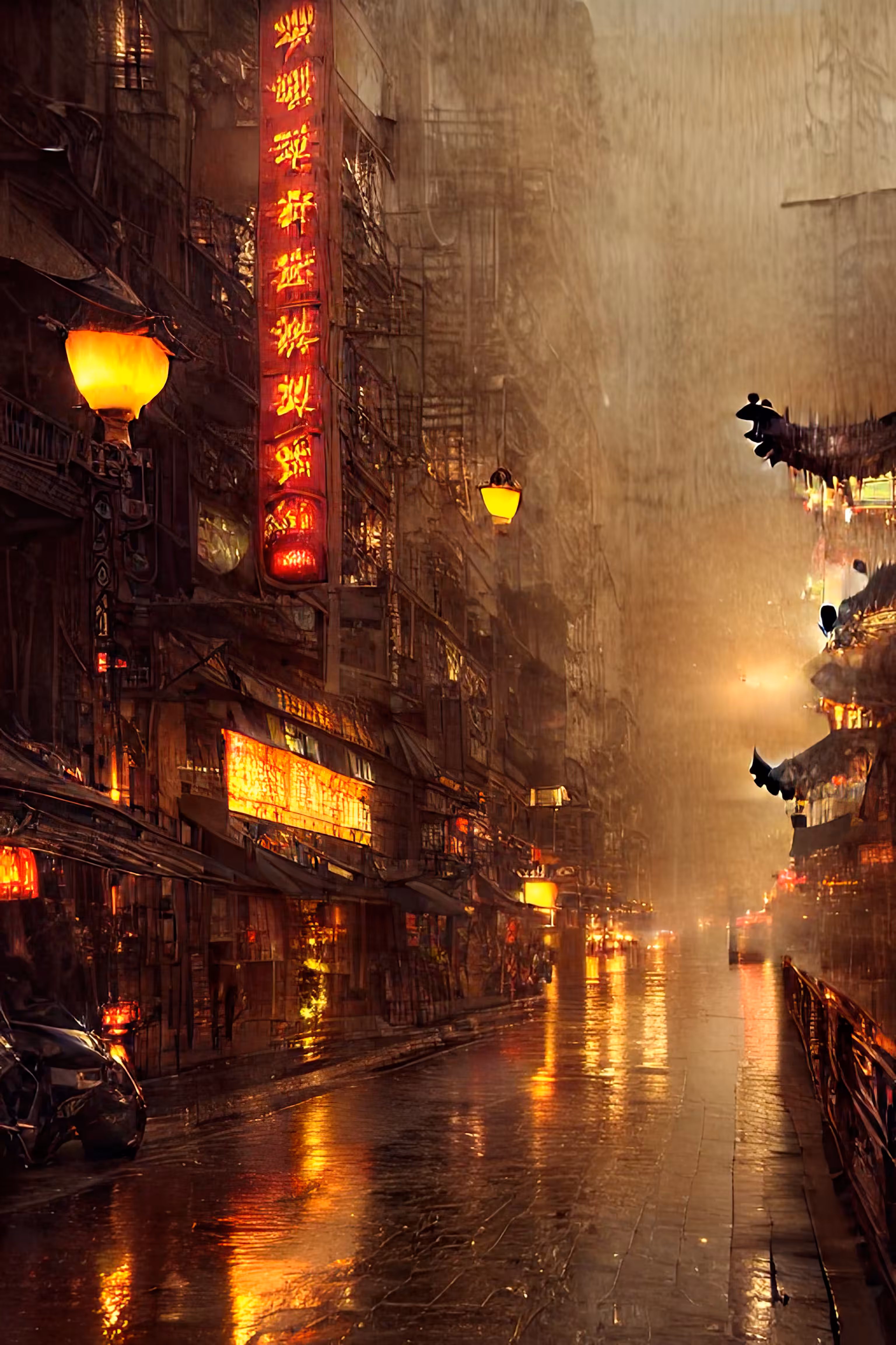 Rainy Night Street in Chinatown
