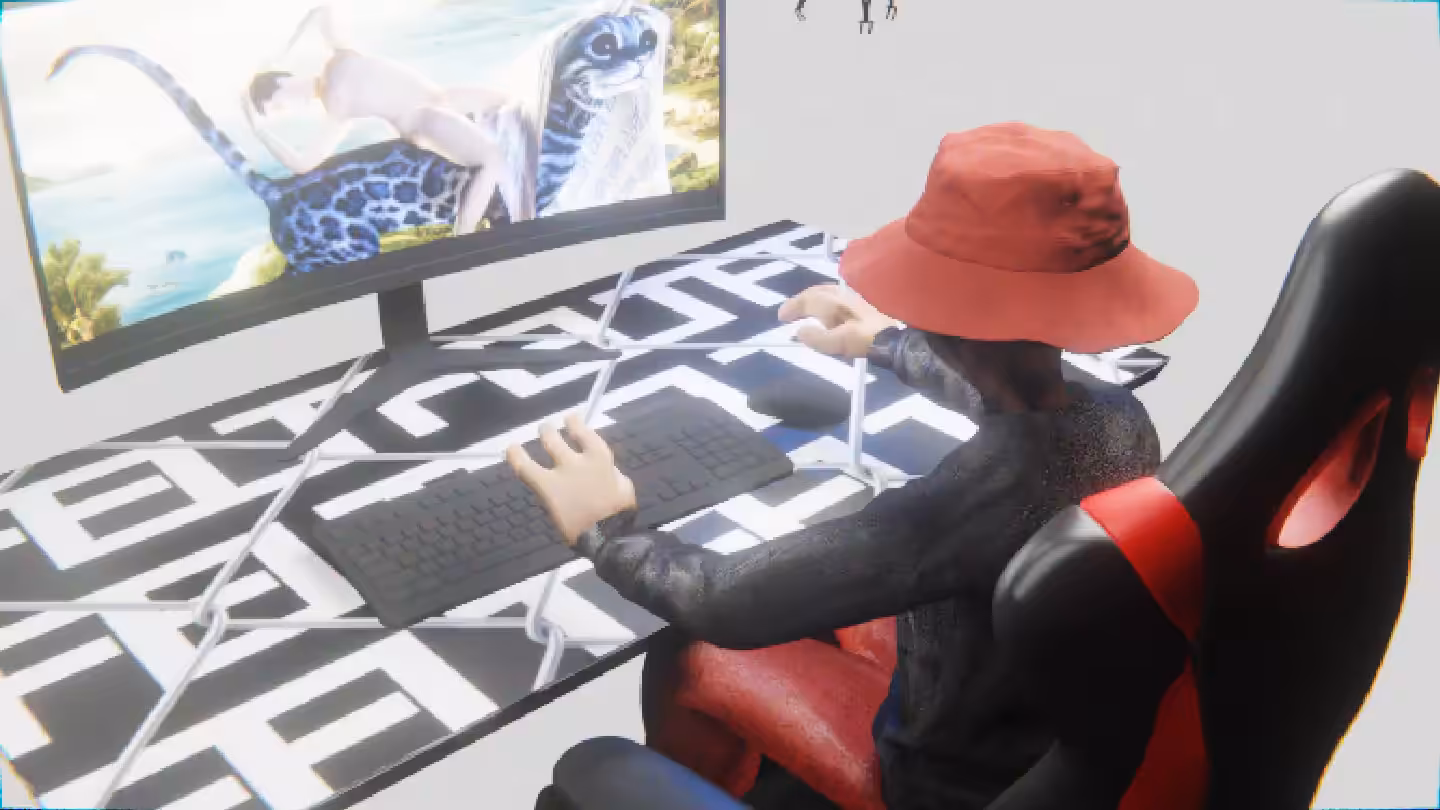 Desktop #287: The Hypebeast in the Gaming Chair With a Drone and a Kitty Monitor on a Barbed Wire Table in The Void