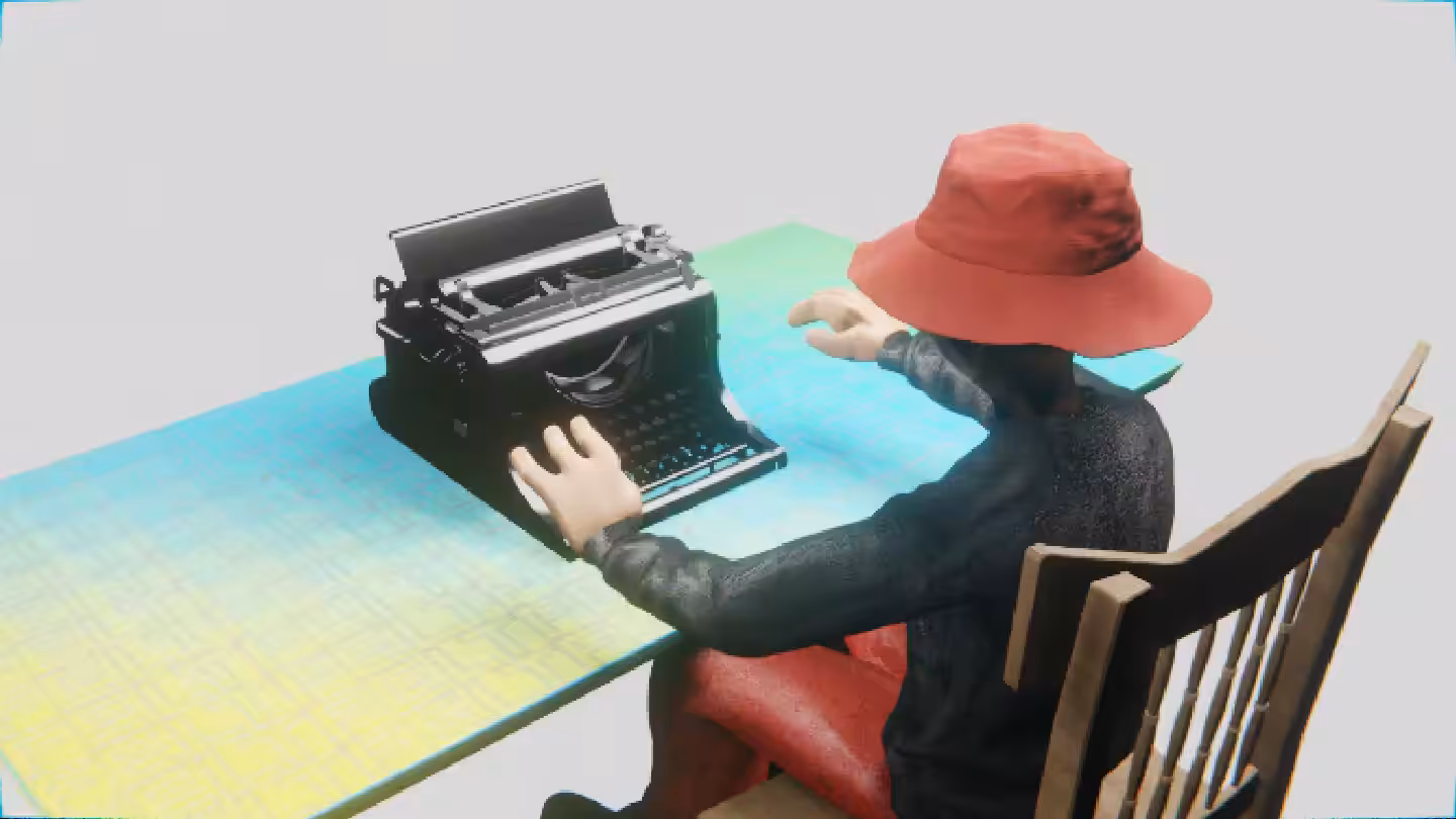 Desktop #202: The Hypebeast in the French Wood Chair With a Hanging Light and a Typewriter on a Green FELT Zine Table in The Void