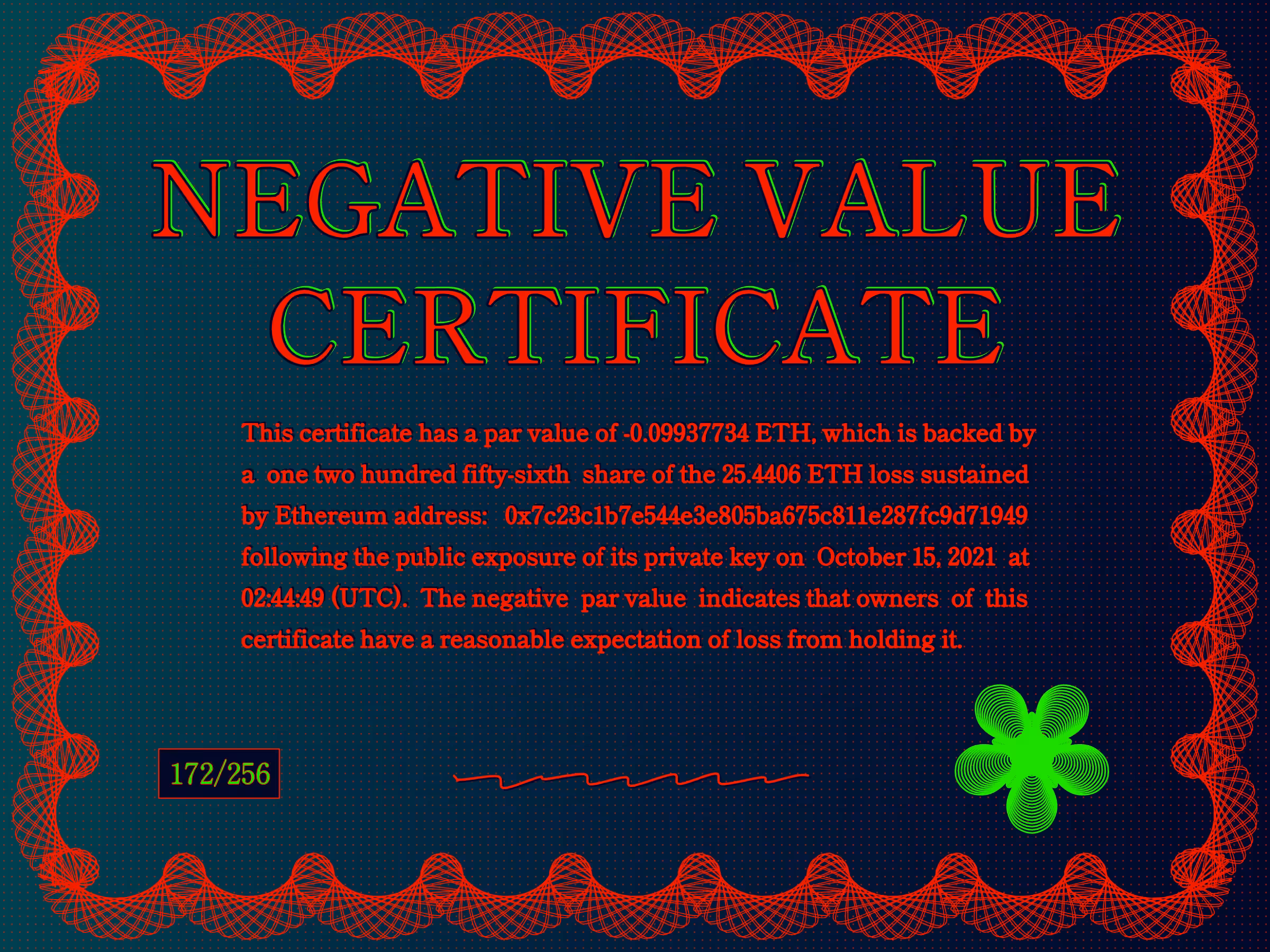 Negative Value Certificate #172 of 256