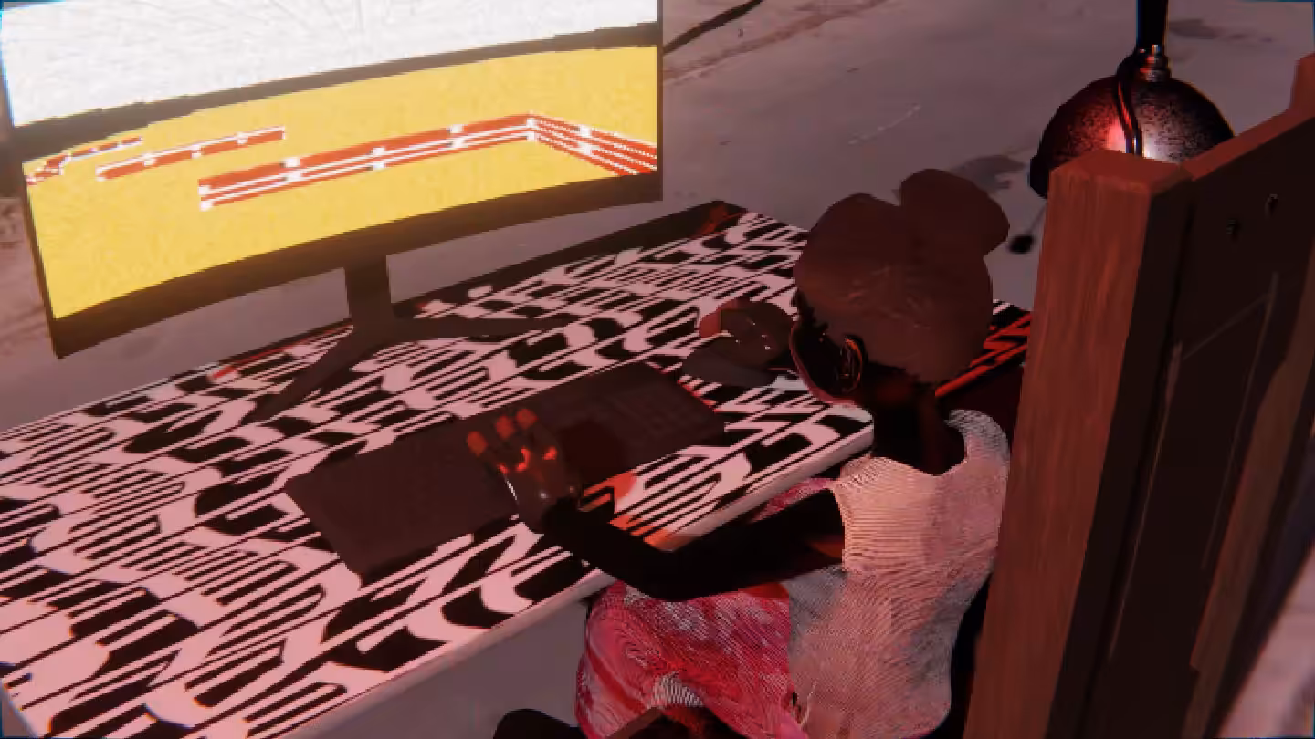 Desktop #201: The Military Brat in the Electric Chair With a Hanging Light and a Maze Monitor on a Pattern Table in Conflict