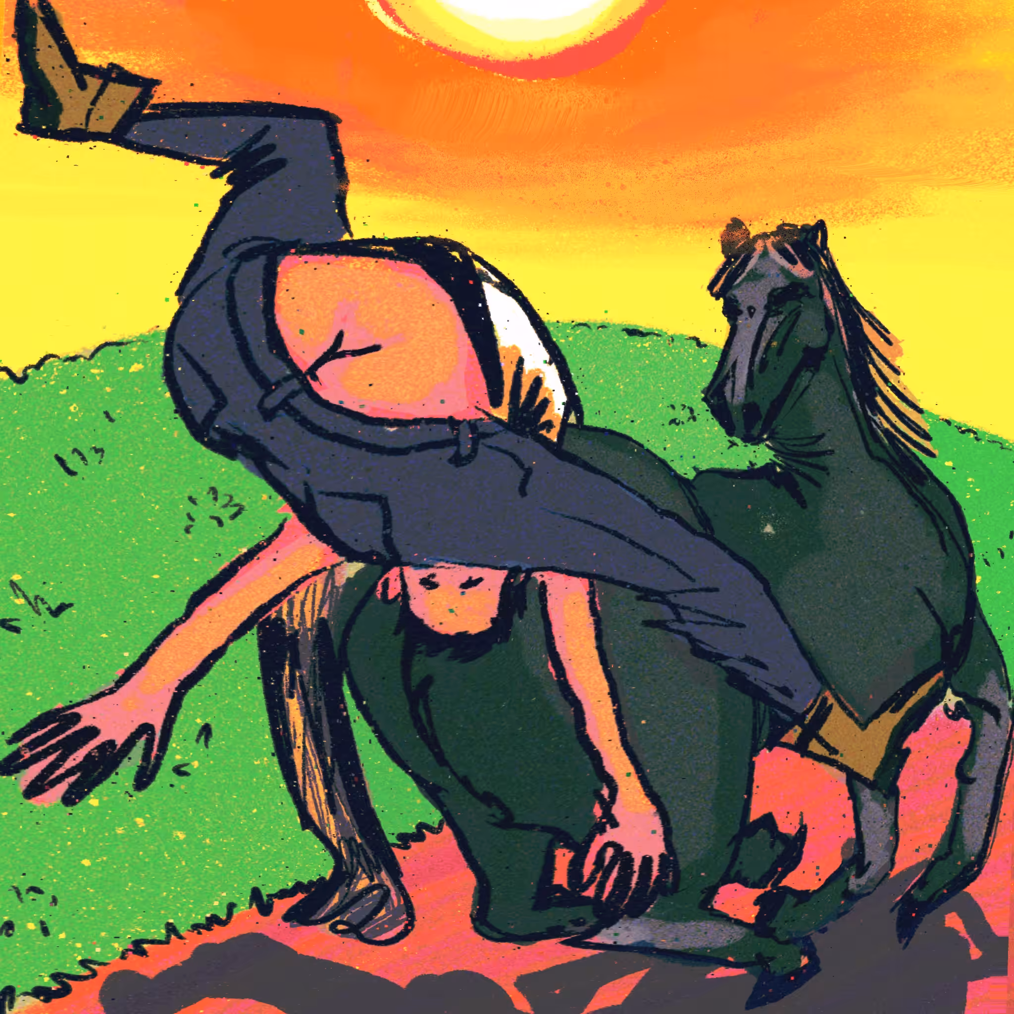grumpy horse and sunset