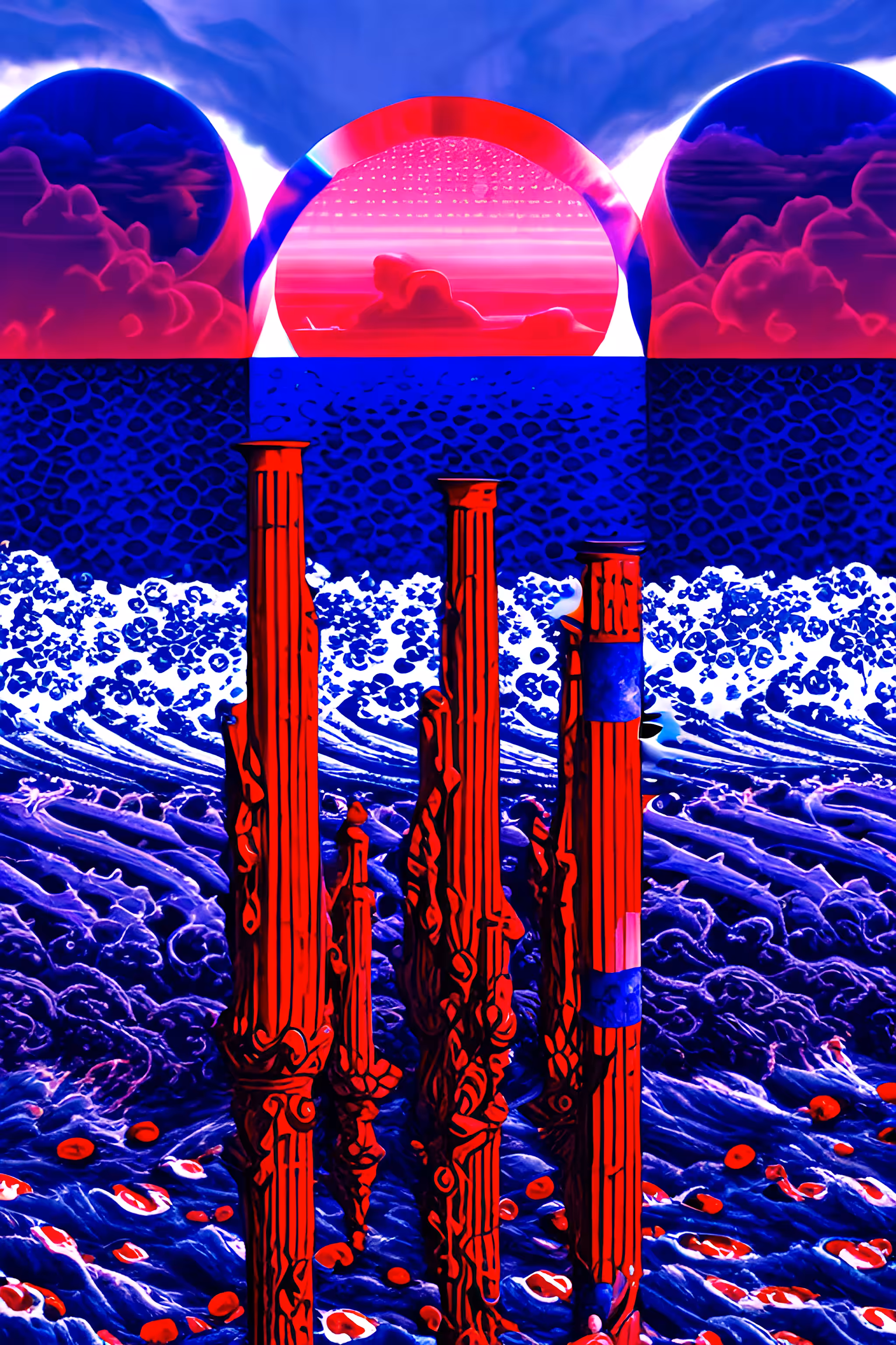 Three Red Columns by the Sea