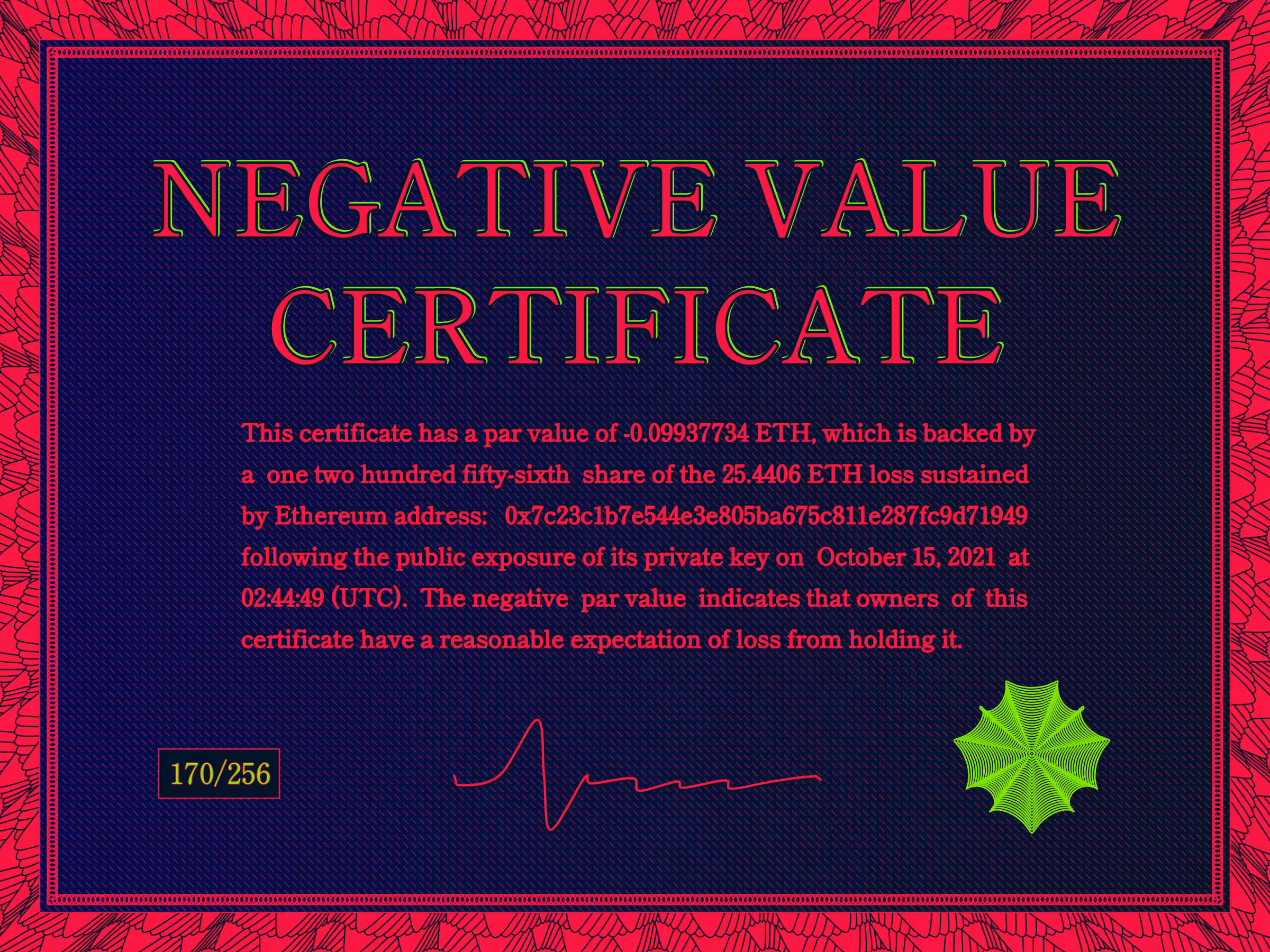 Negative Value Certificate #170 of 256