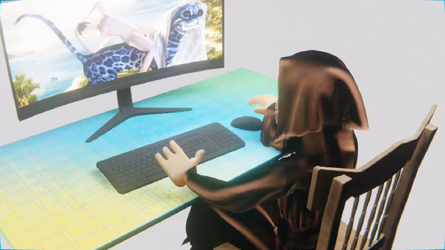 Desktop #317: The Guru in the French Wood Chair With a Hanging Light and a Kitty Monitor on a Green FELT Zine Table in The Void